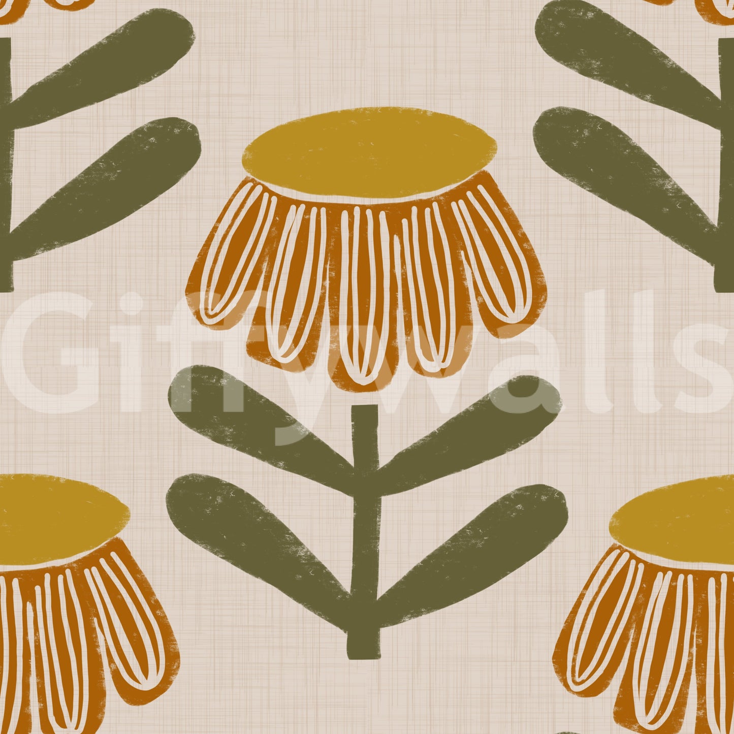 Mustard floral daisy wallpaper retro design