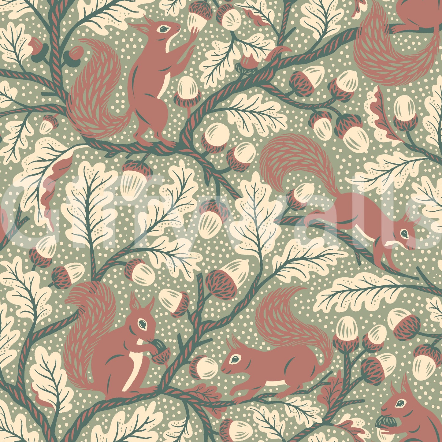 Squirrels in Oak tree - Green Wallpaper