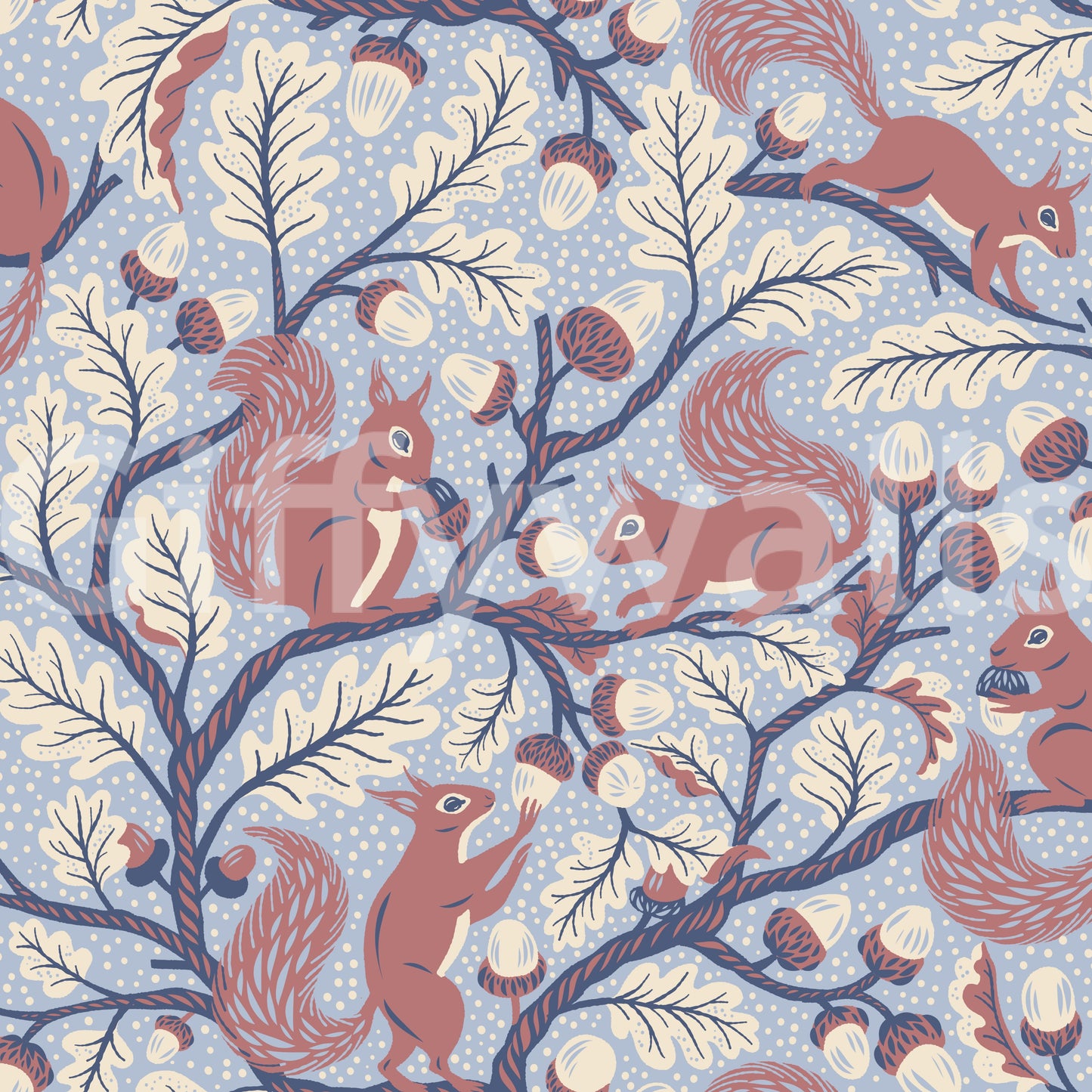 Squirrels in Oak tree - Blue Wallpaper