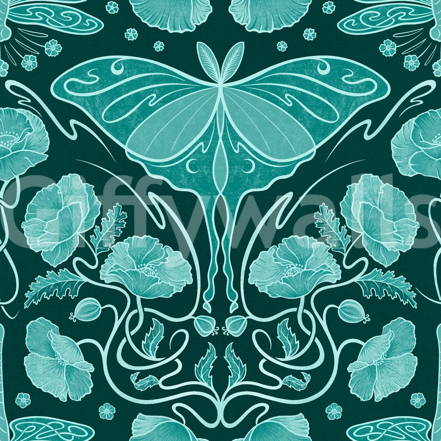 Art Nouveau Poppies & Luna Moth Teal Wallpaper