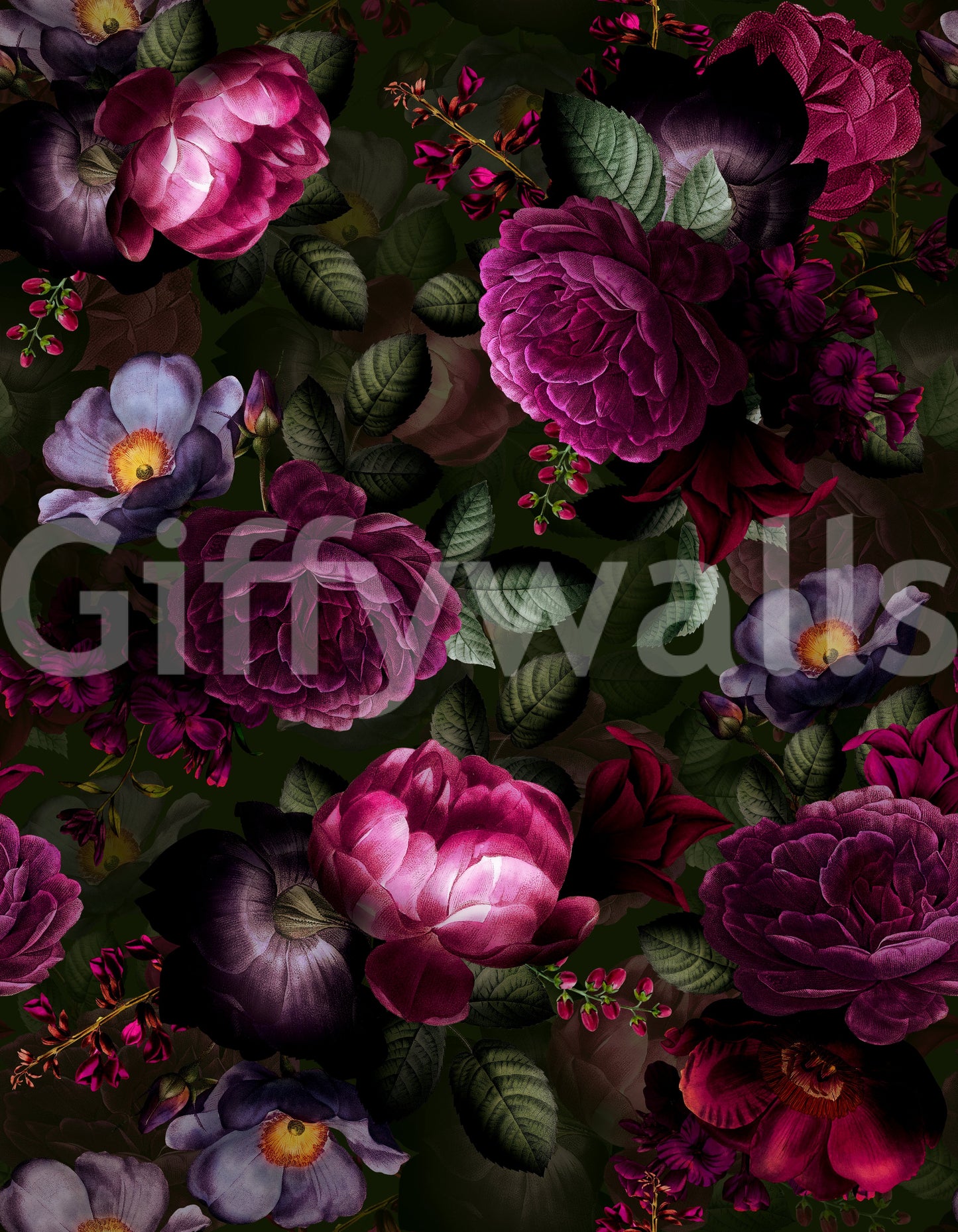 Grandmillennial wallpaper with dark, moody floral patterns.