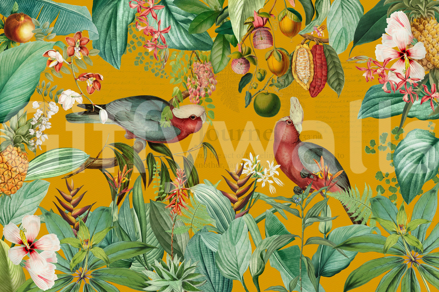 Vivid tropical jungle mural with vintage elements