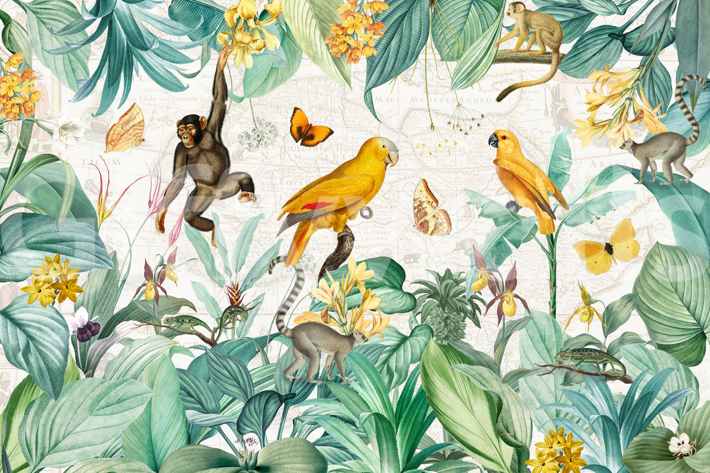 Classic jungle wall mural with wildlife and foliage.