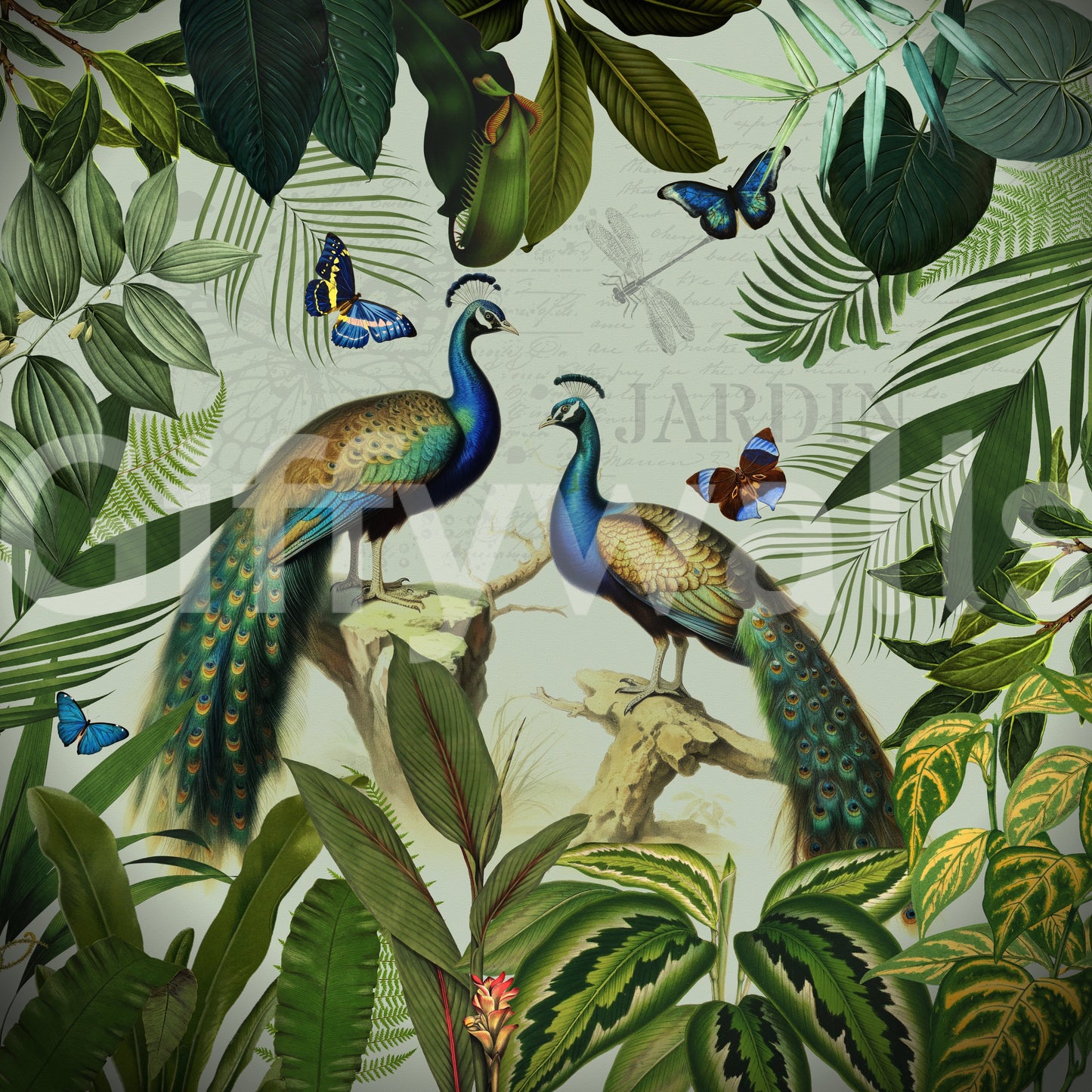 Peacock and foliage wallpaper with artistic flair