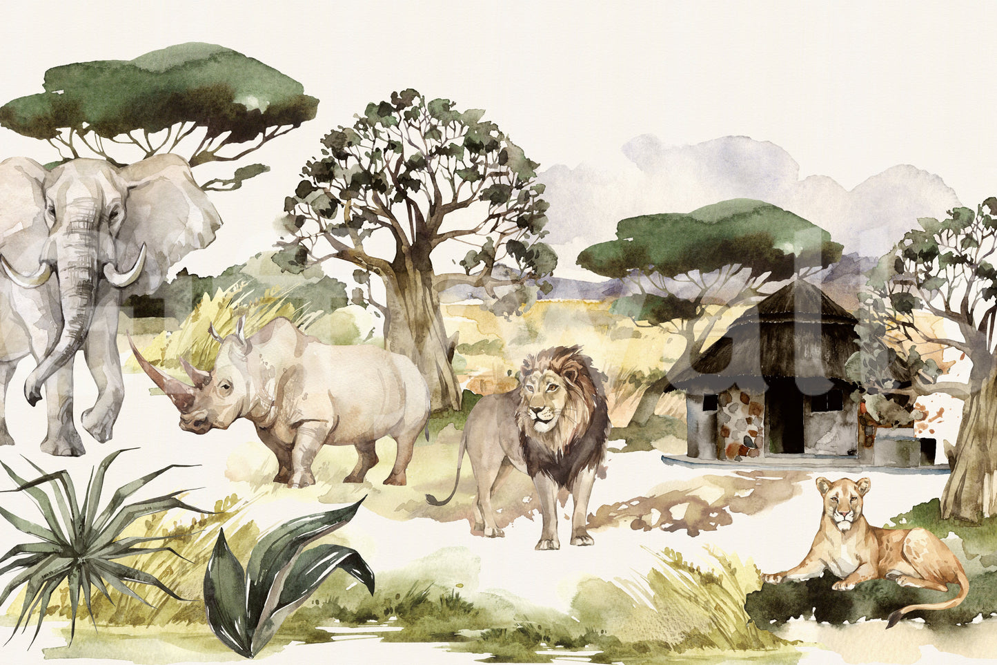 Watercolor African safari scene with wild animals