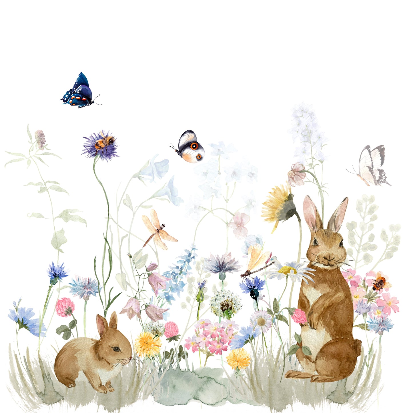 Lush garden with rabbits mural, ideal for children's room.