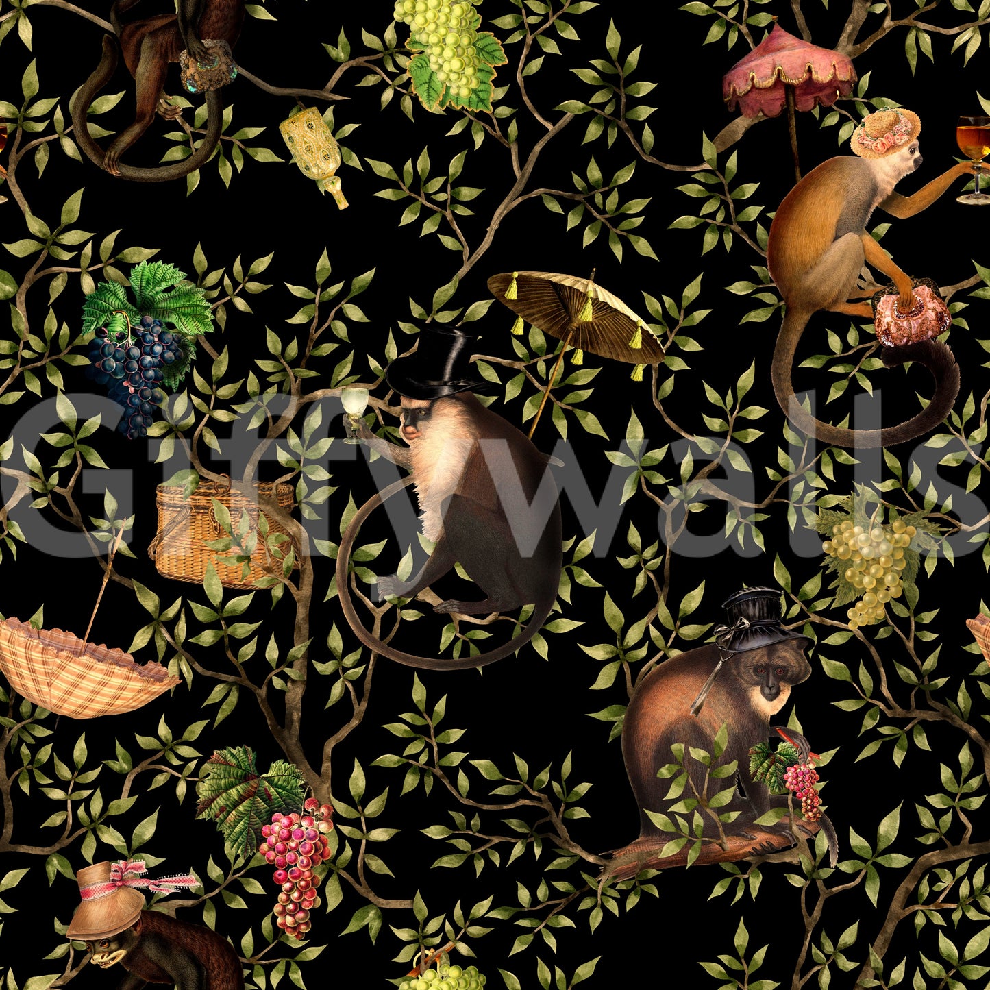 Vibrant wallpaper design with monkeys and jungle vines.