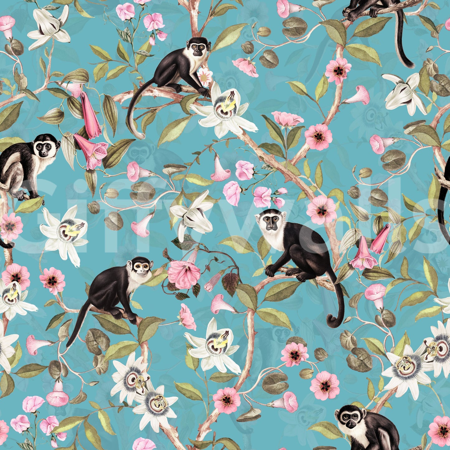 Tropical monkeys exploring the jungle wallpaper mural.