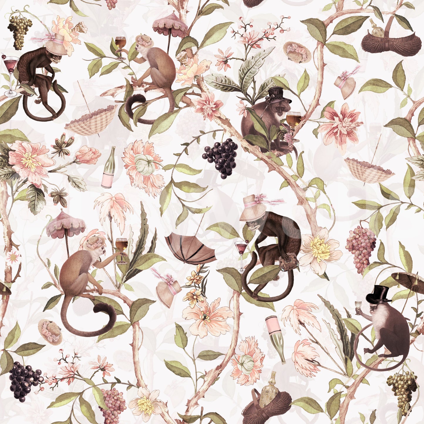 Chinoiserie tea party wallpaper with monkey details