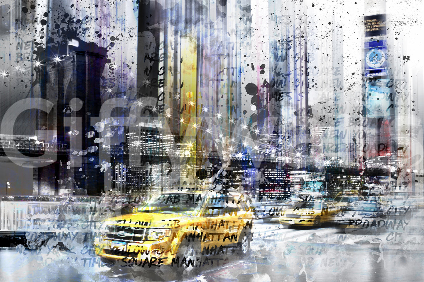 Trendy mural featuring modern interpretations of NYC city life.