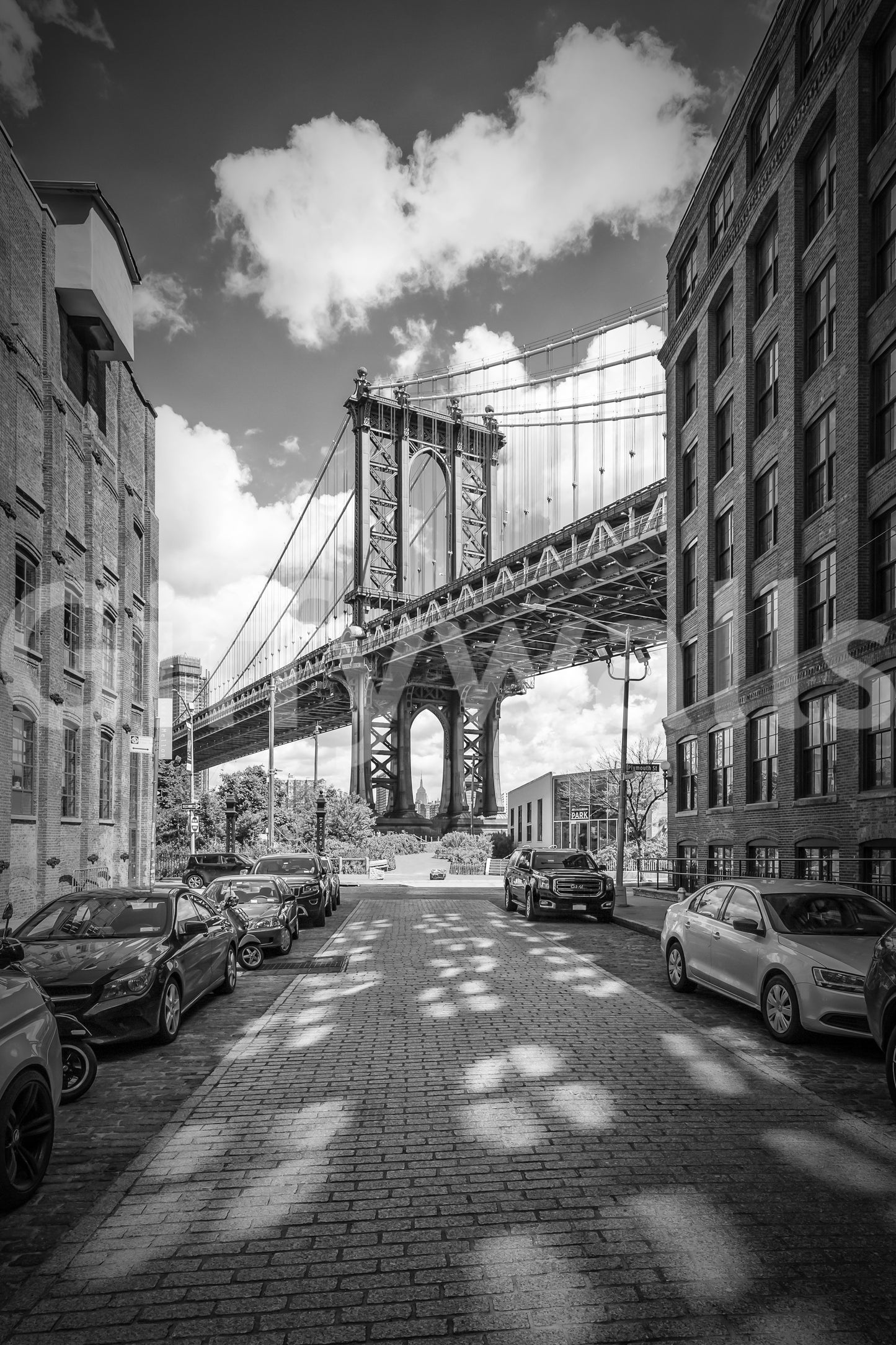 Artistic mural capturing the iconic lines of Manhattan Bridge.