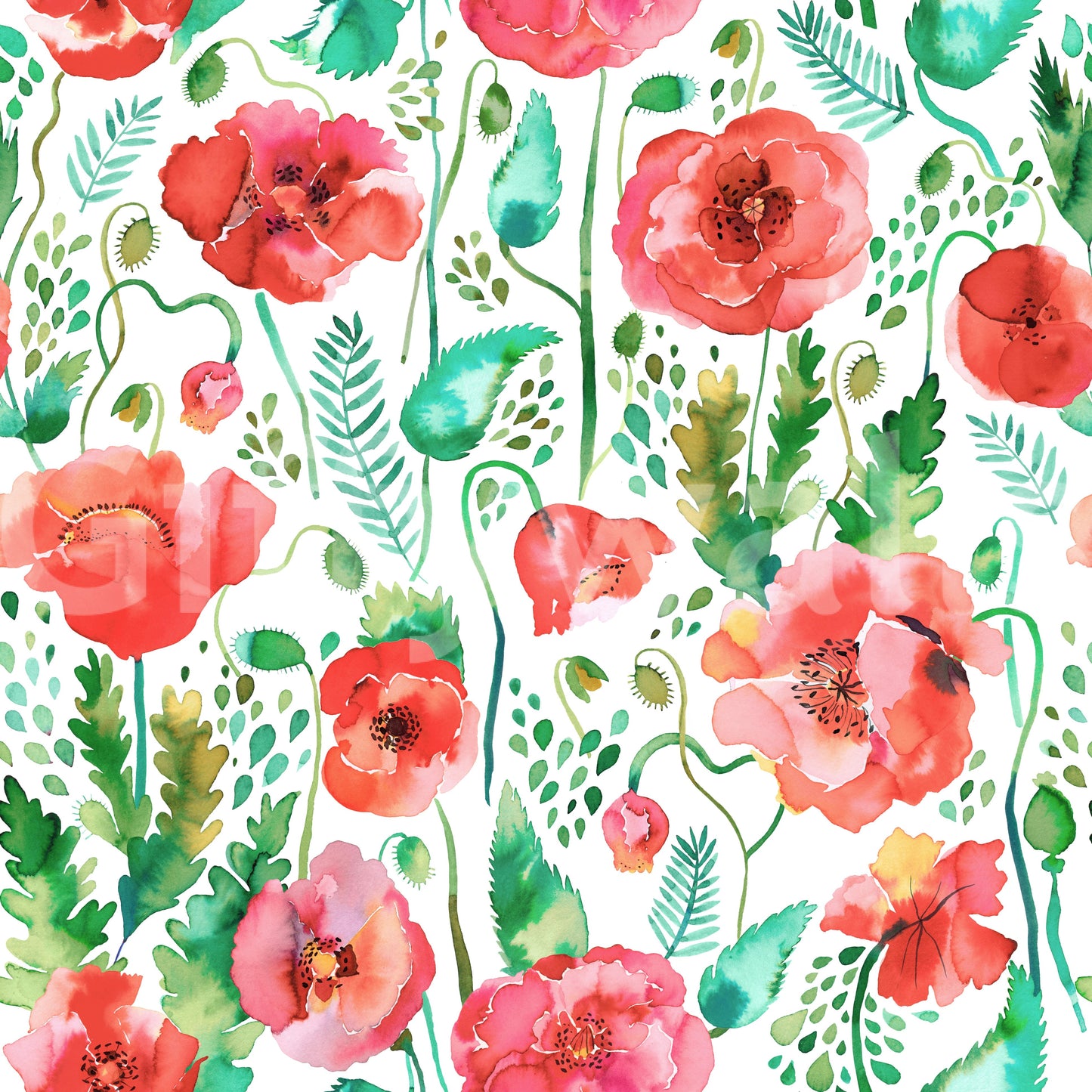 Watercolor poppies and nature-inspired wallpaper design.