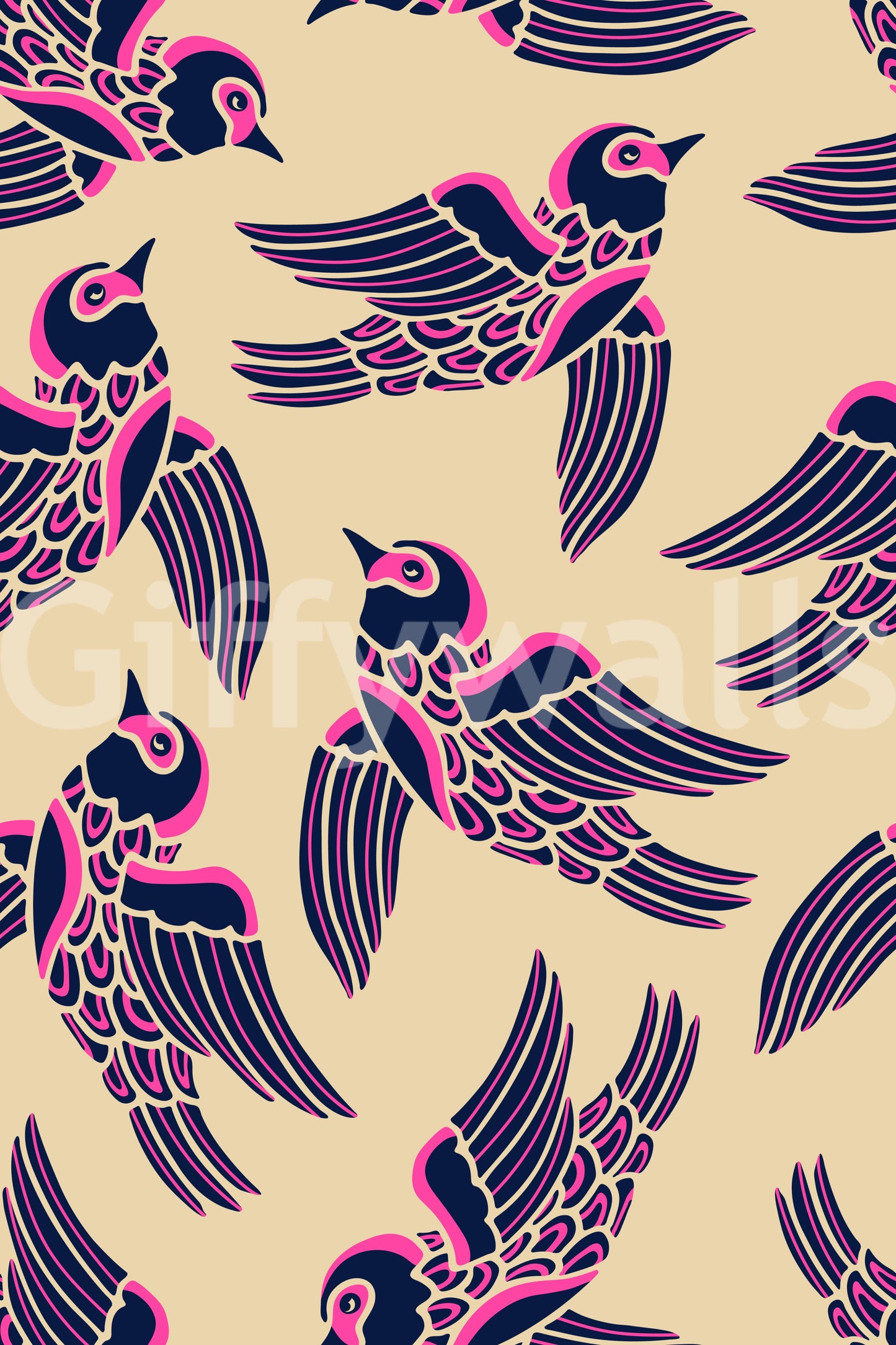 Beige background with birds in colorful flight
