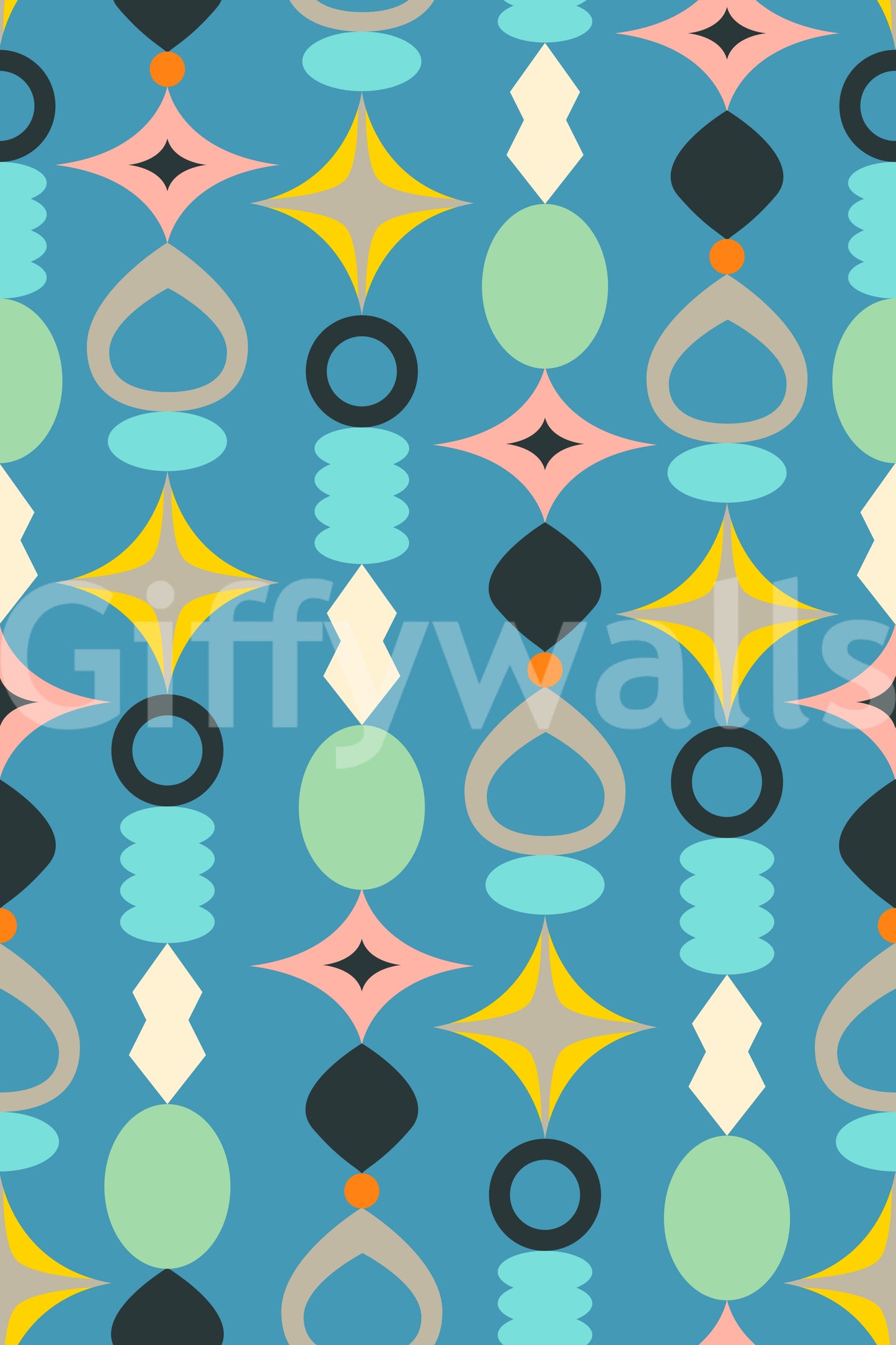 Blue retro wallpaper with geometric mid-century design.
