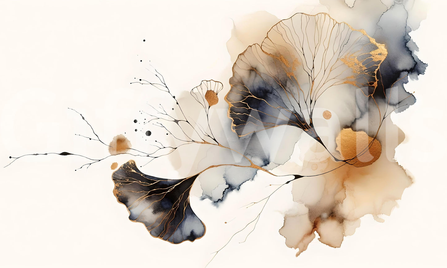 Luxe mural of gold-embossed ginkgo fan leaves.