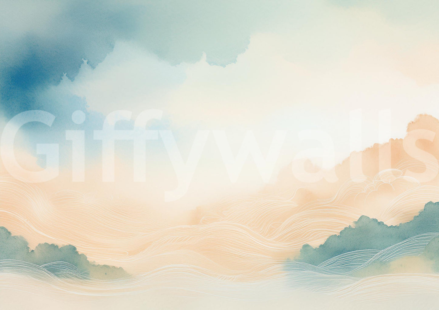 Serene sky horizon mural with drifting ethereal clouds.