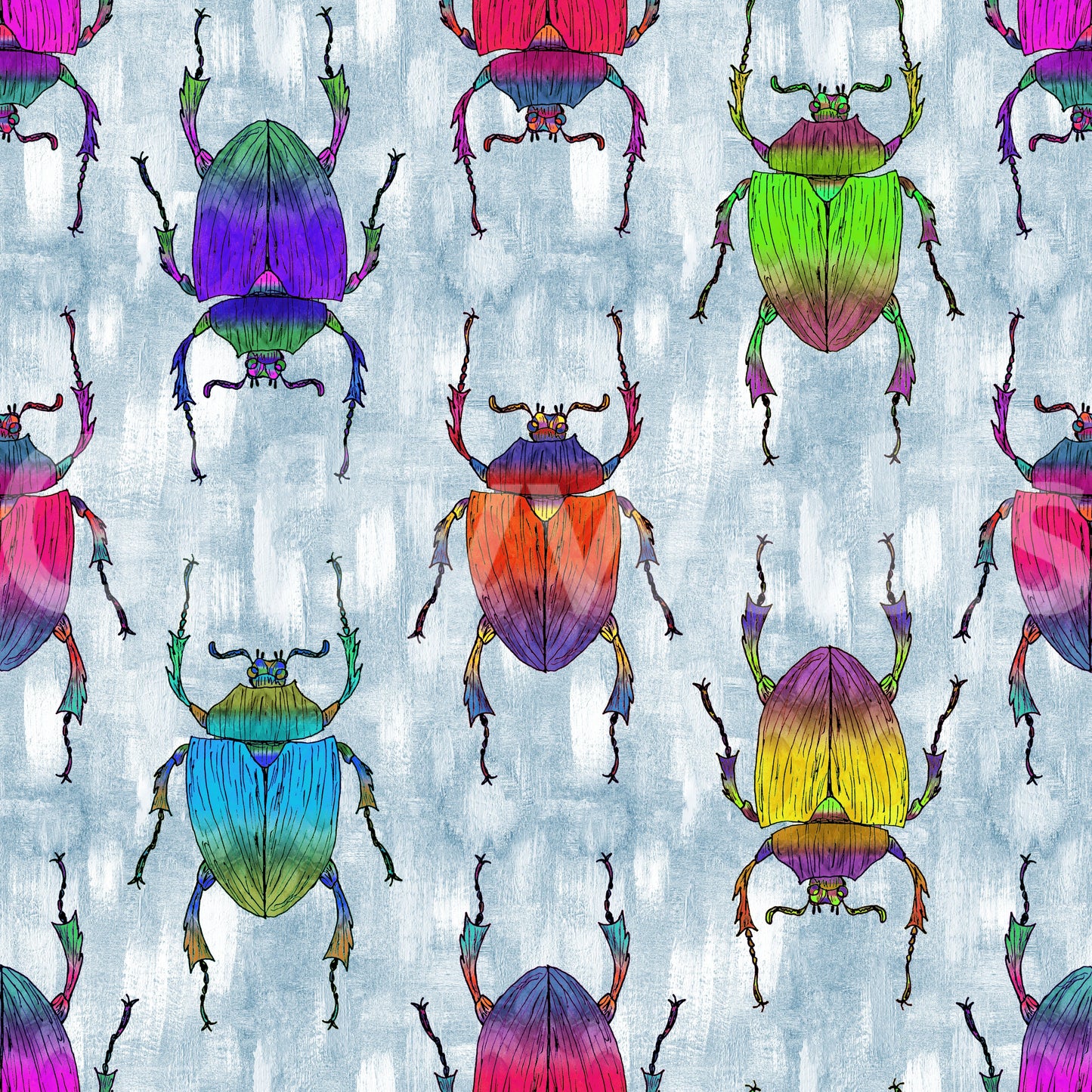 Nature-inspired wall art with colorful bugs and blue tones.