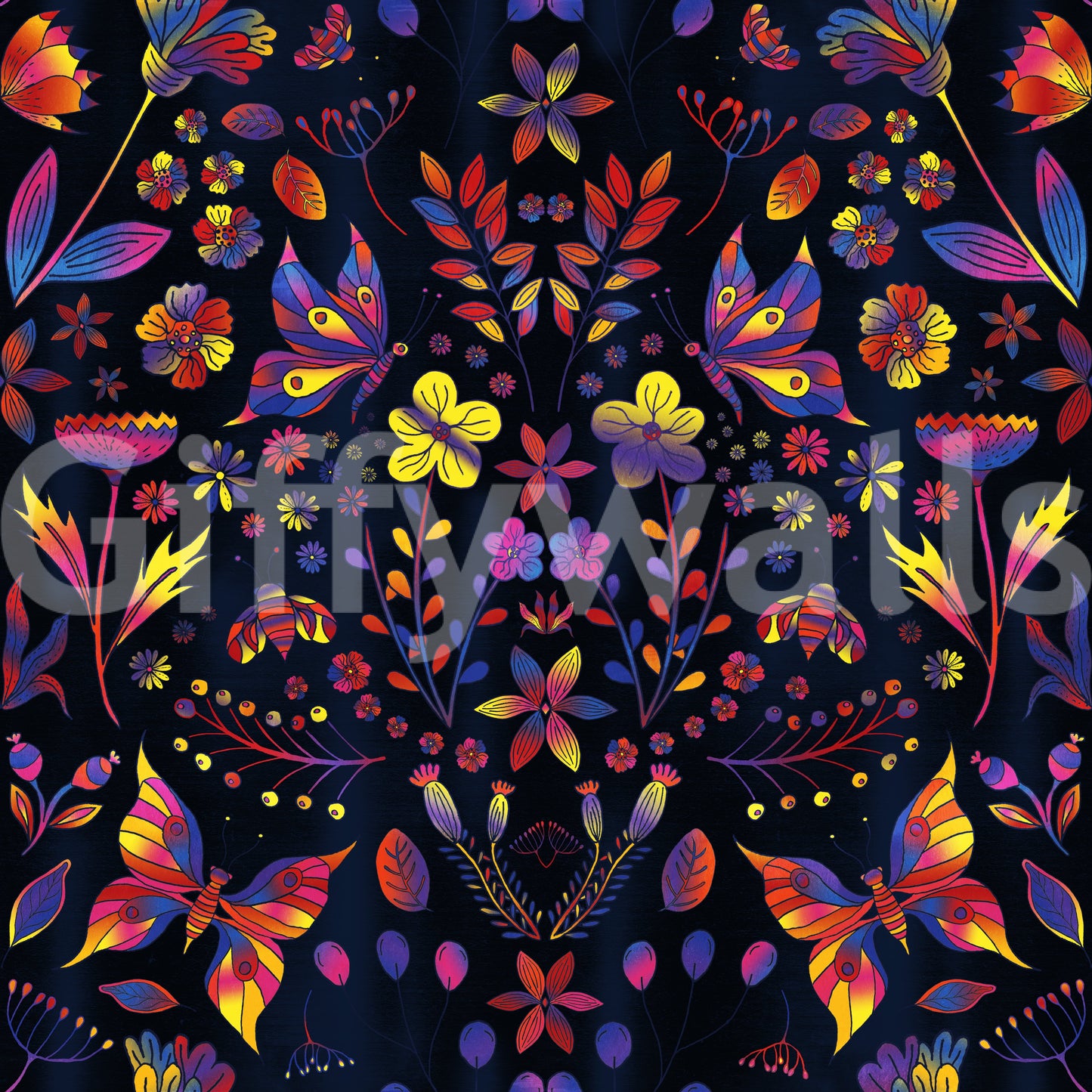 Eclectic wallpaper featuring lively spring blooms with sparkle.