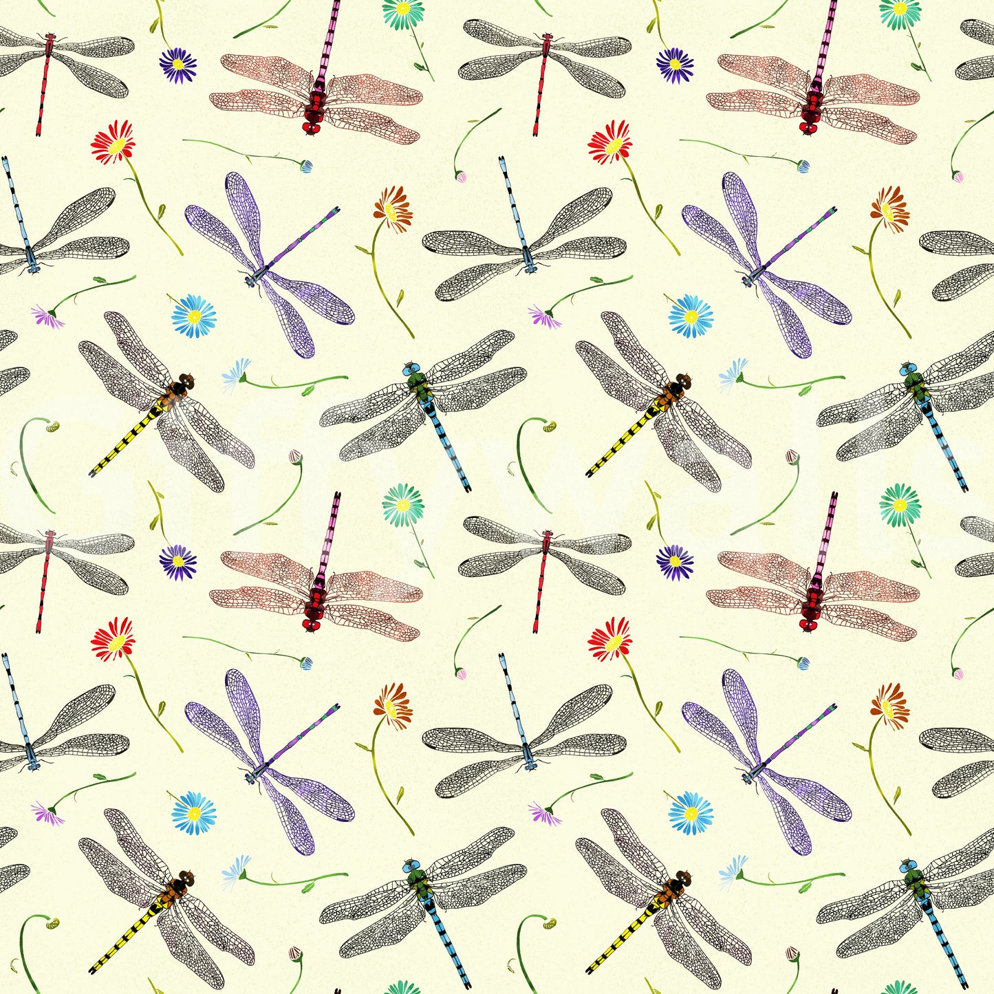 Artistic mural wallpaper with dragonflies, damselflies, and foliage.