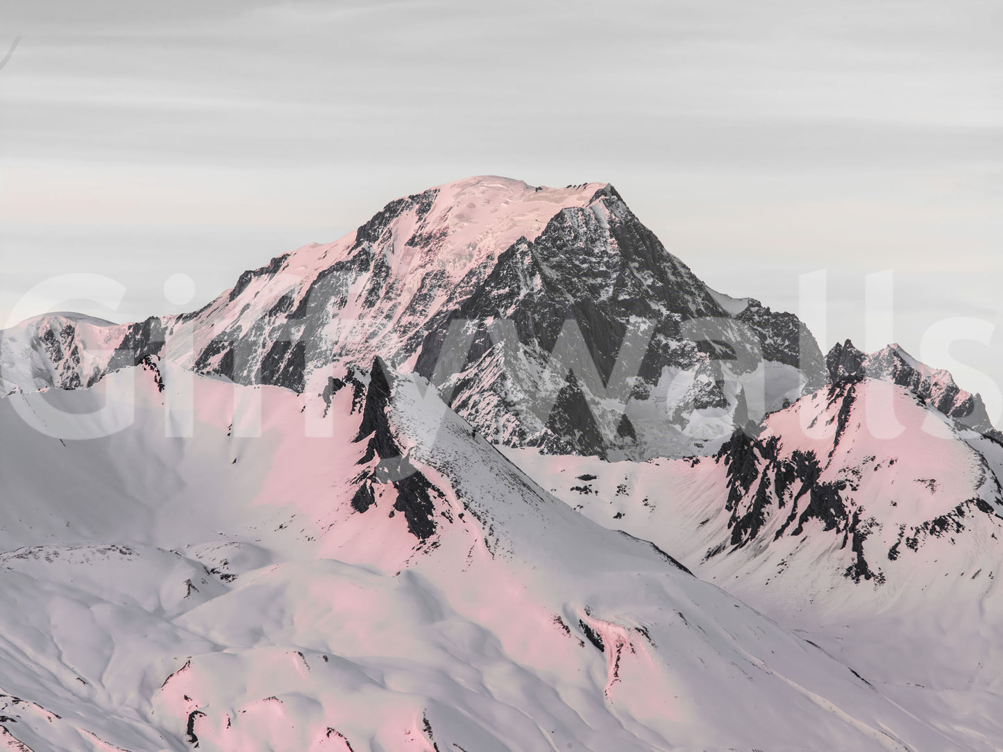 Winter wonderland snow-covered mountain mural for walls.