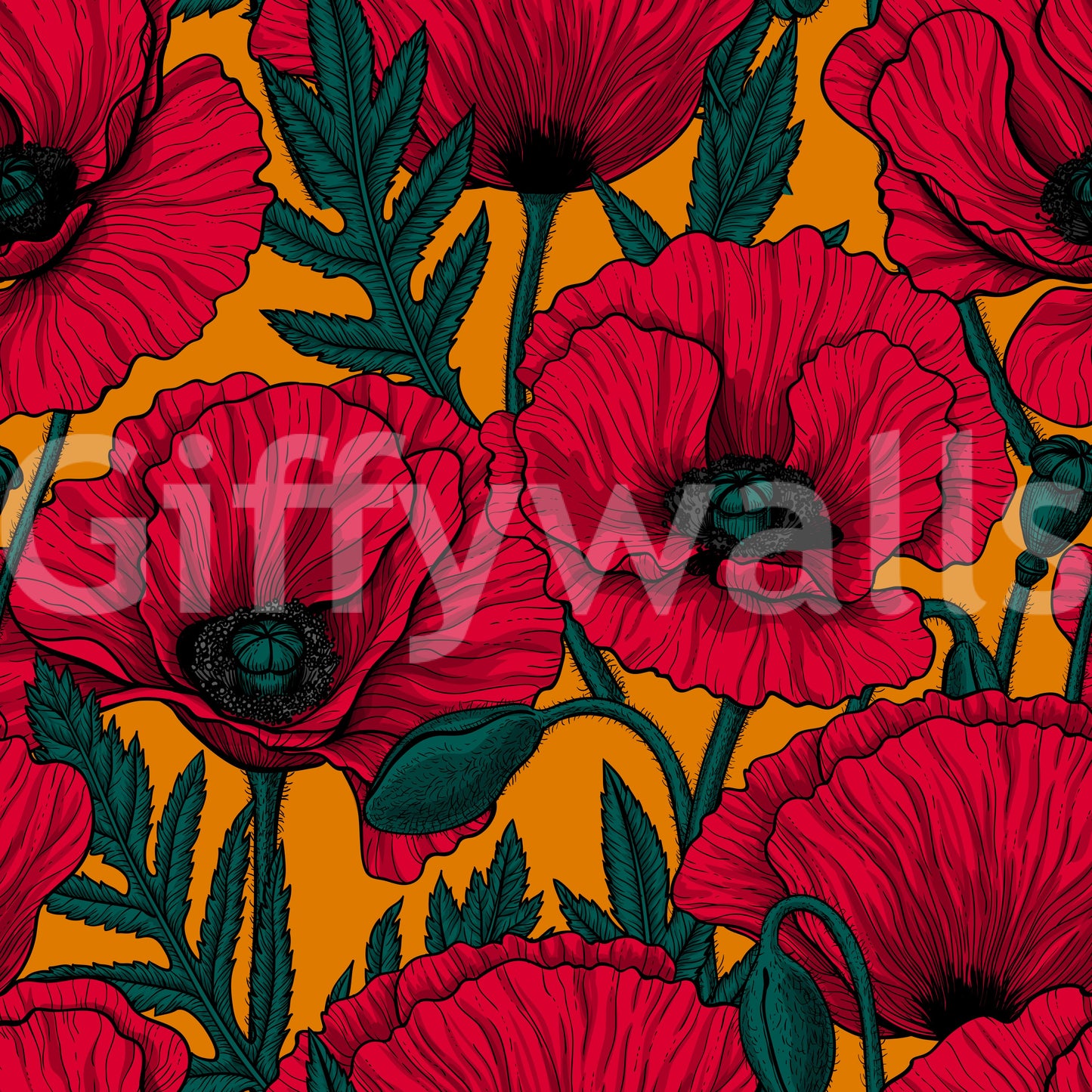 Red poppies wallpaper with a bright orange background