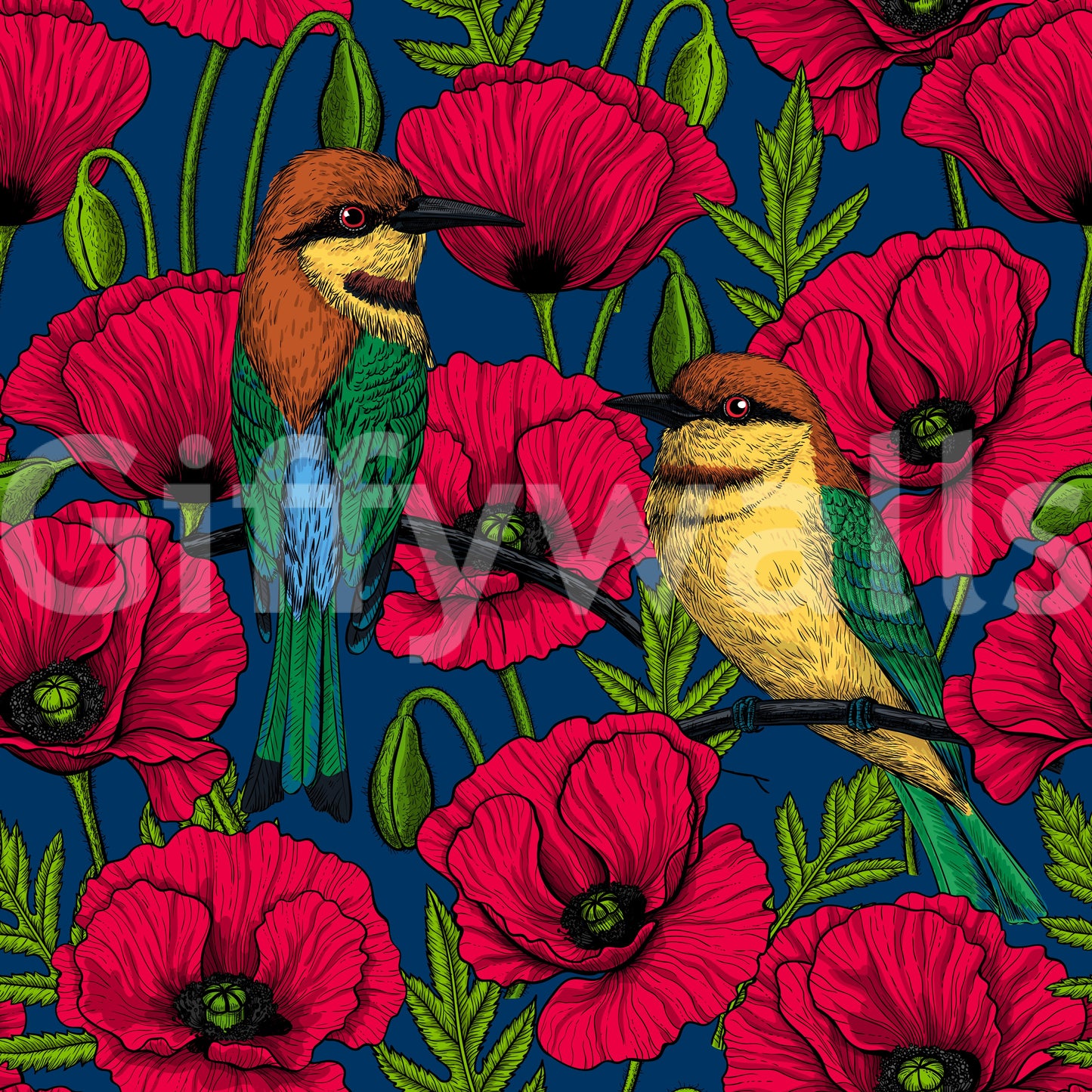Birds and flowers on wall mural