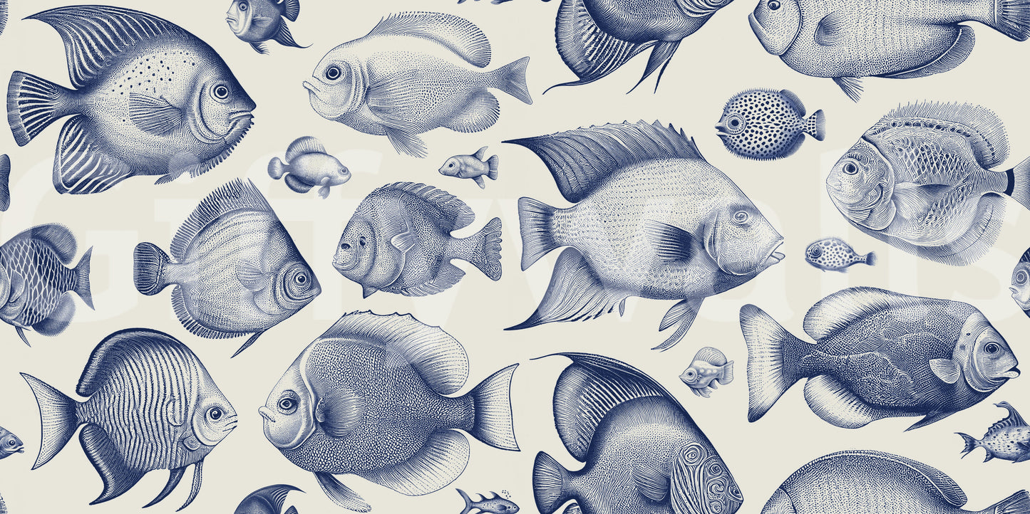 Bold fish design wallpaper in Delft Blue for modern walls