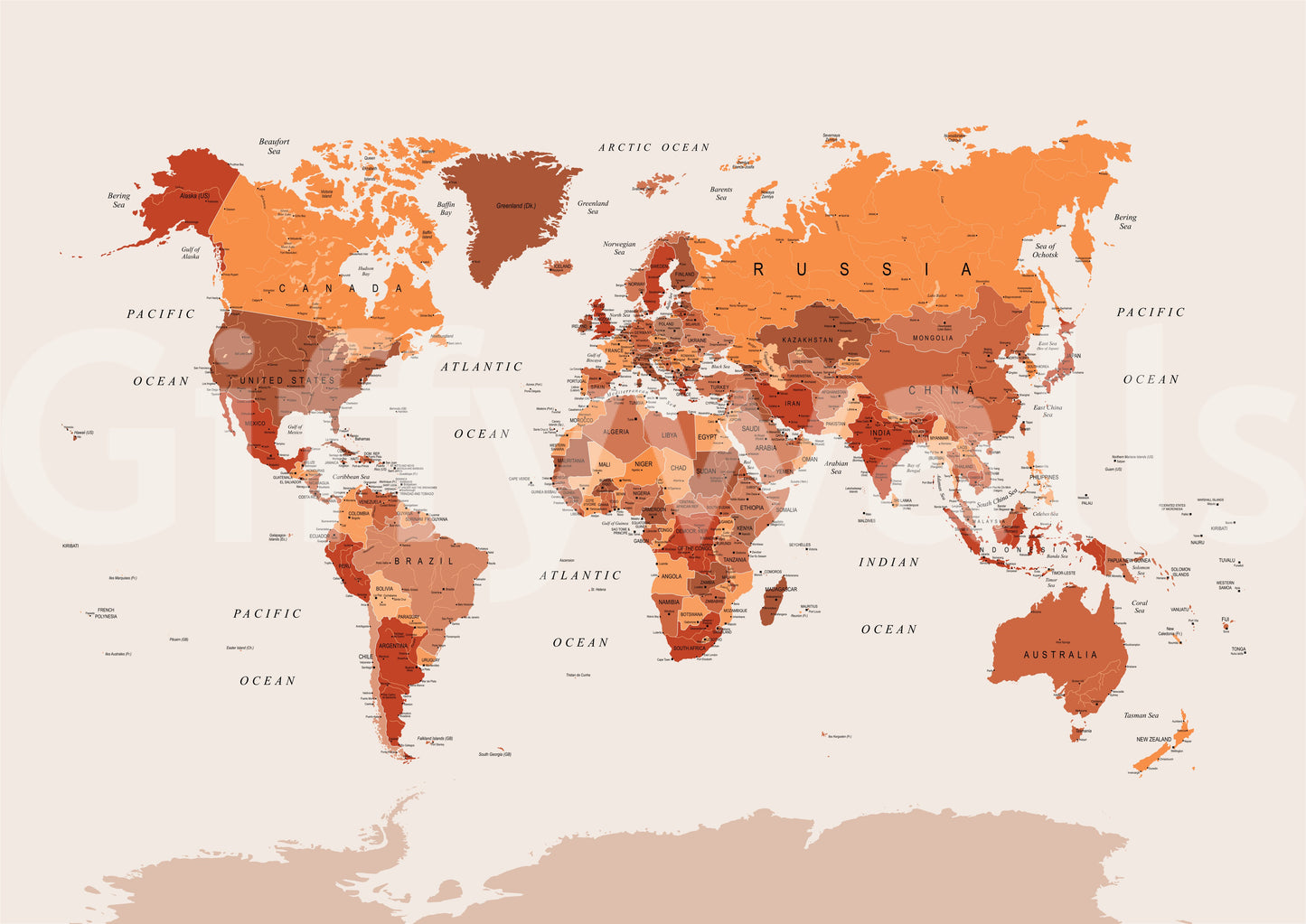 Orange mural with detailed continents and outlines