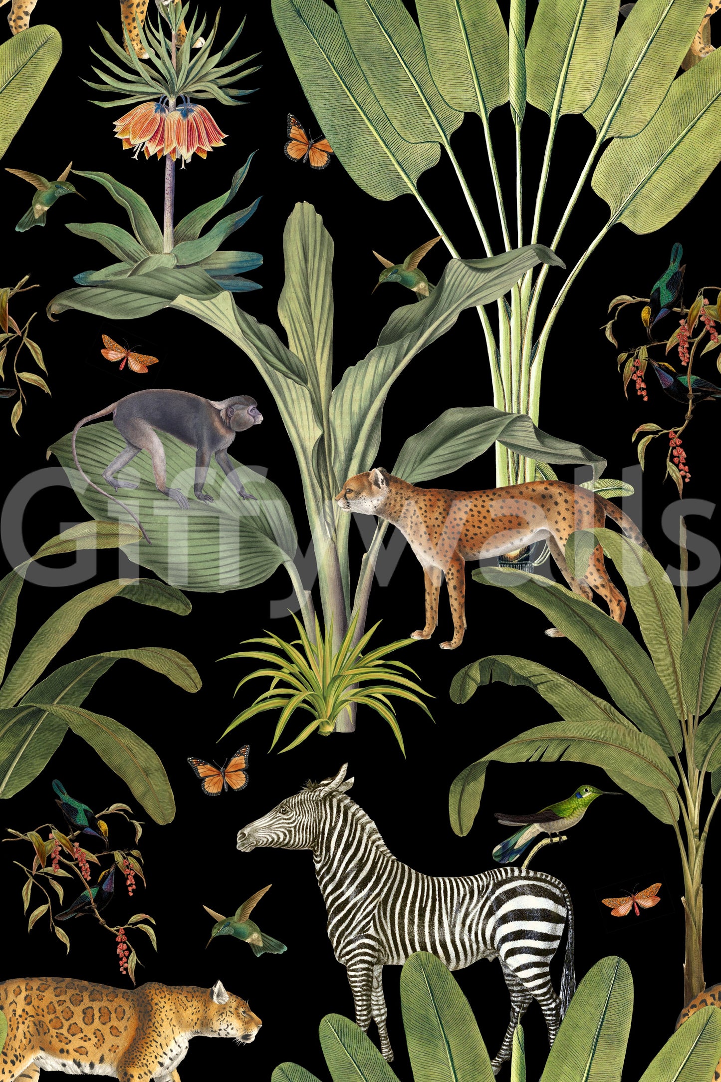 Vintage botanical mural with wild animals