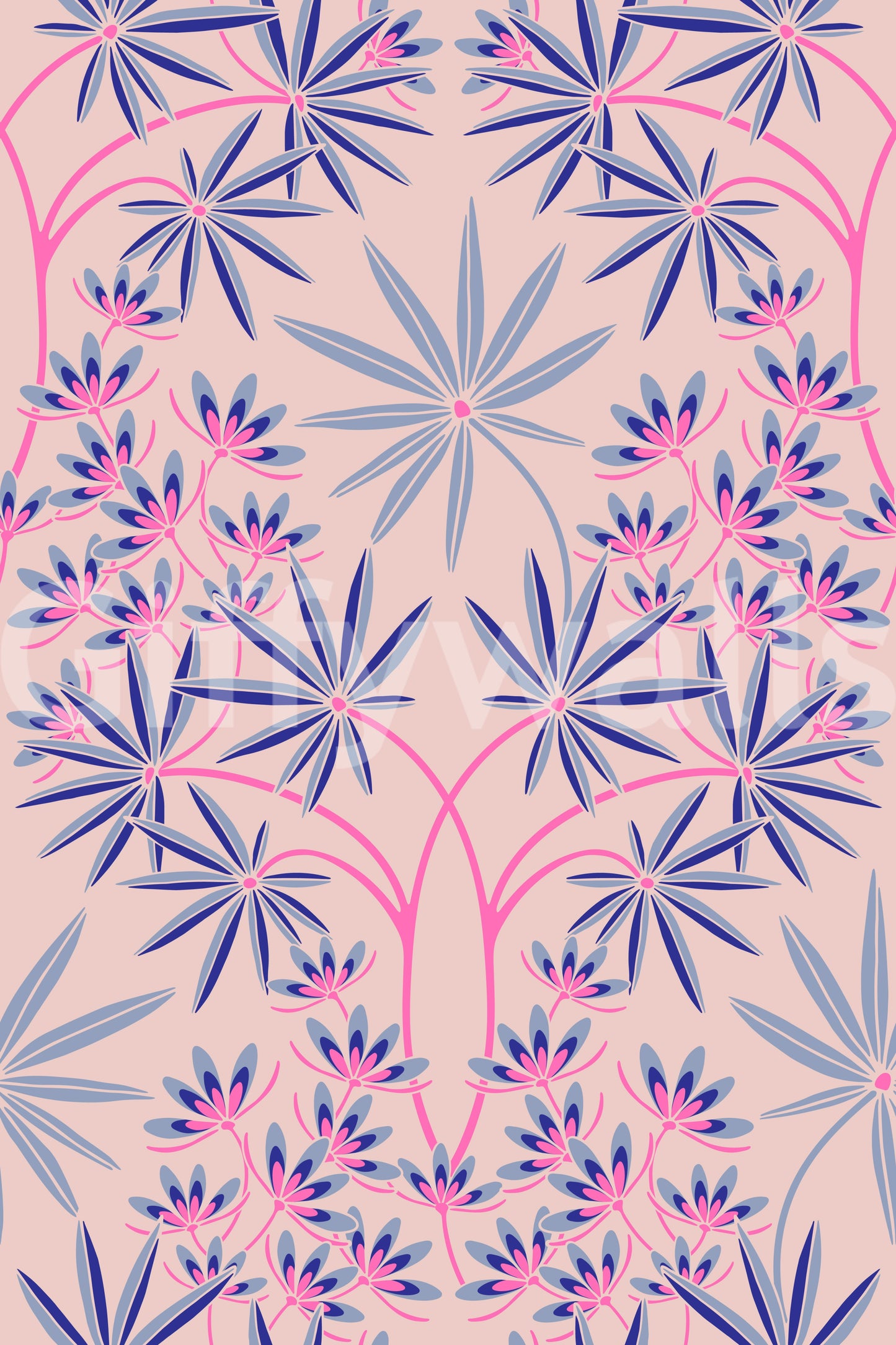 Bedroom with calming floral wallpaper.