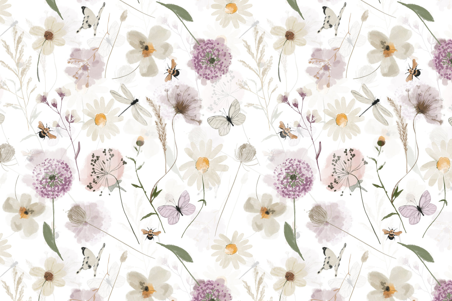 Scandinavian Watercolor Meadow Flowers with Bees and Butterflies Wall Mural