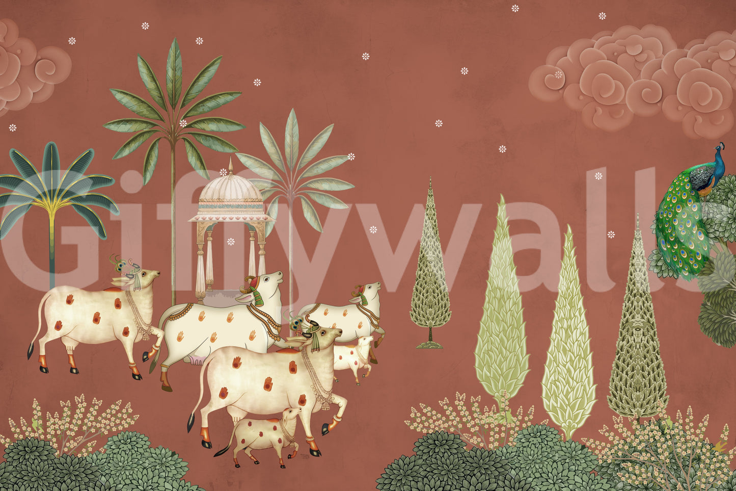 Sacred animal Pichwai Vanam Wall Mural.