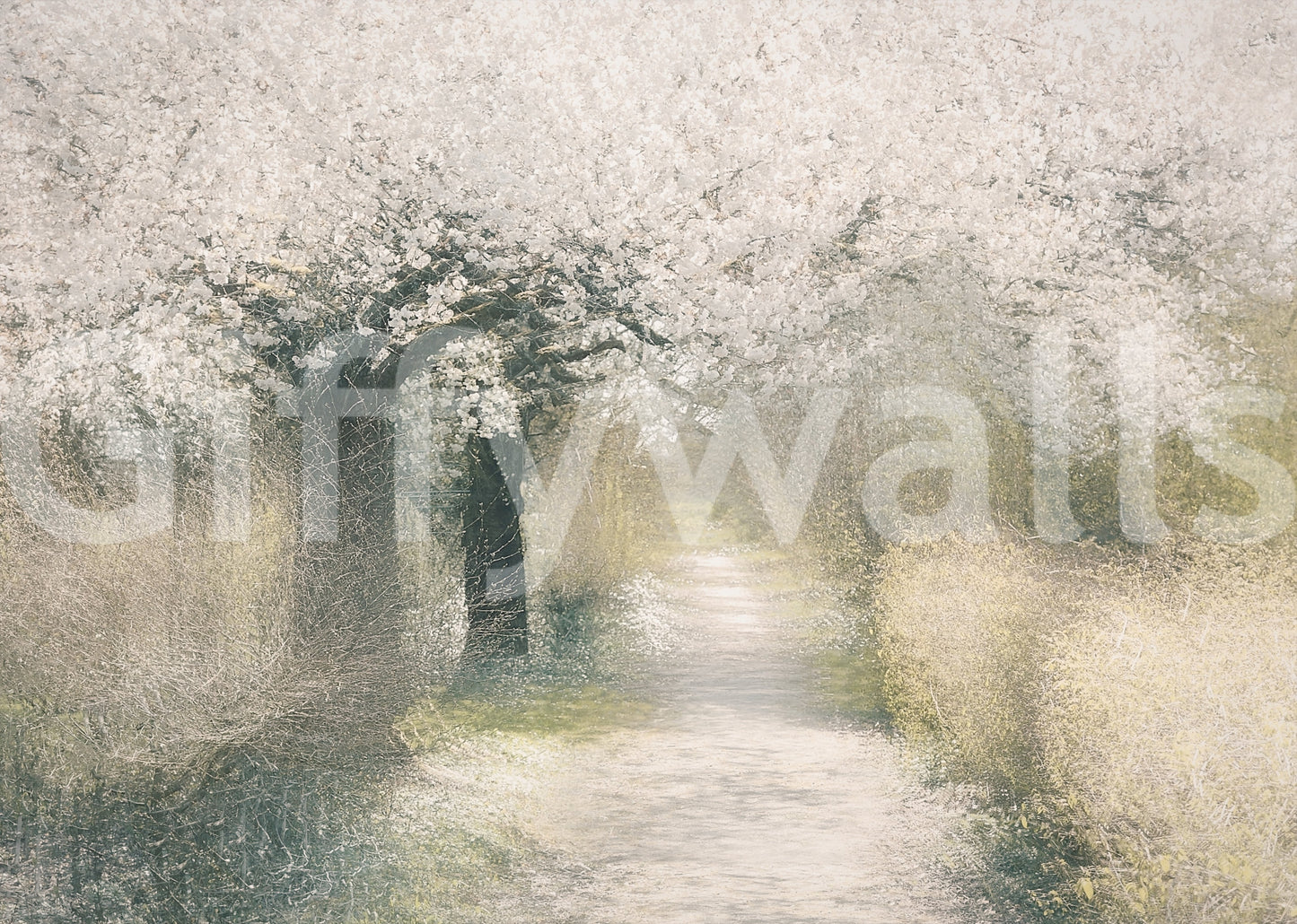 A tranquil garden bloom mural on the wallpaper.