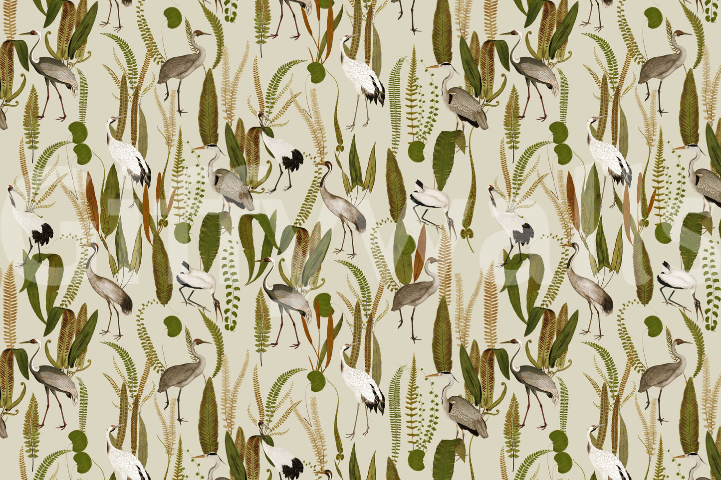 Artistic crane design in the Elegant Vintage Crane Garden Wall Mural.