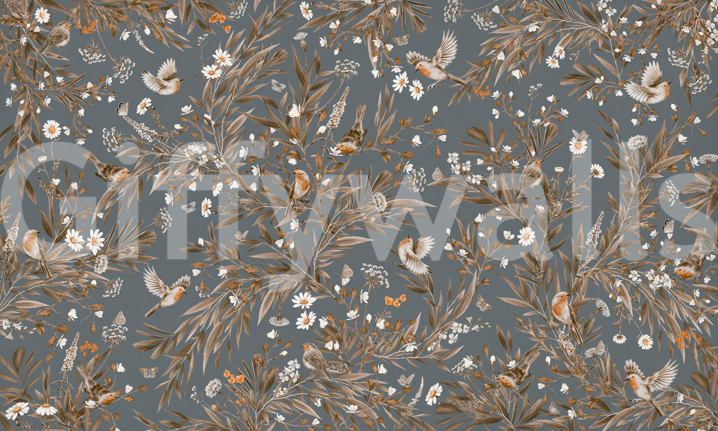 Elegant watercolor style of the Birds & Blooms Harmony Wall Mural.