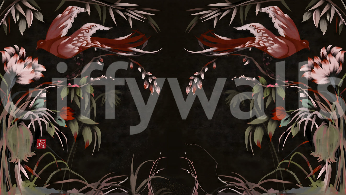 Corner view of the tranquil design of this unique floral wallpaper.