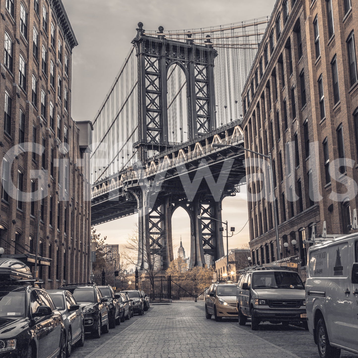 Classic Manhattan Bridge arch mural, unique Urban street wallpaper print.