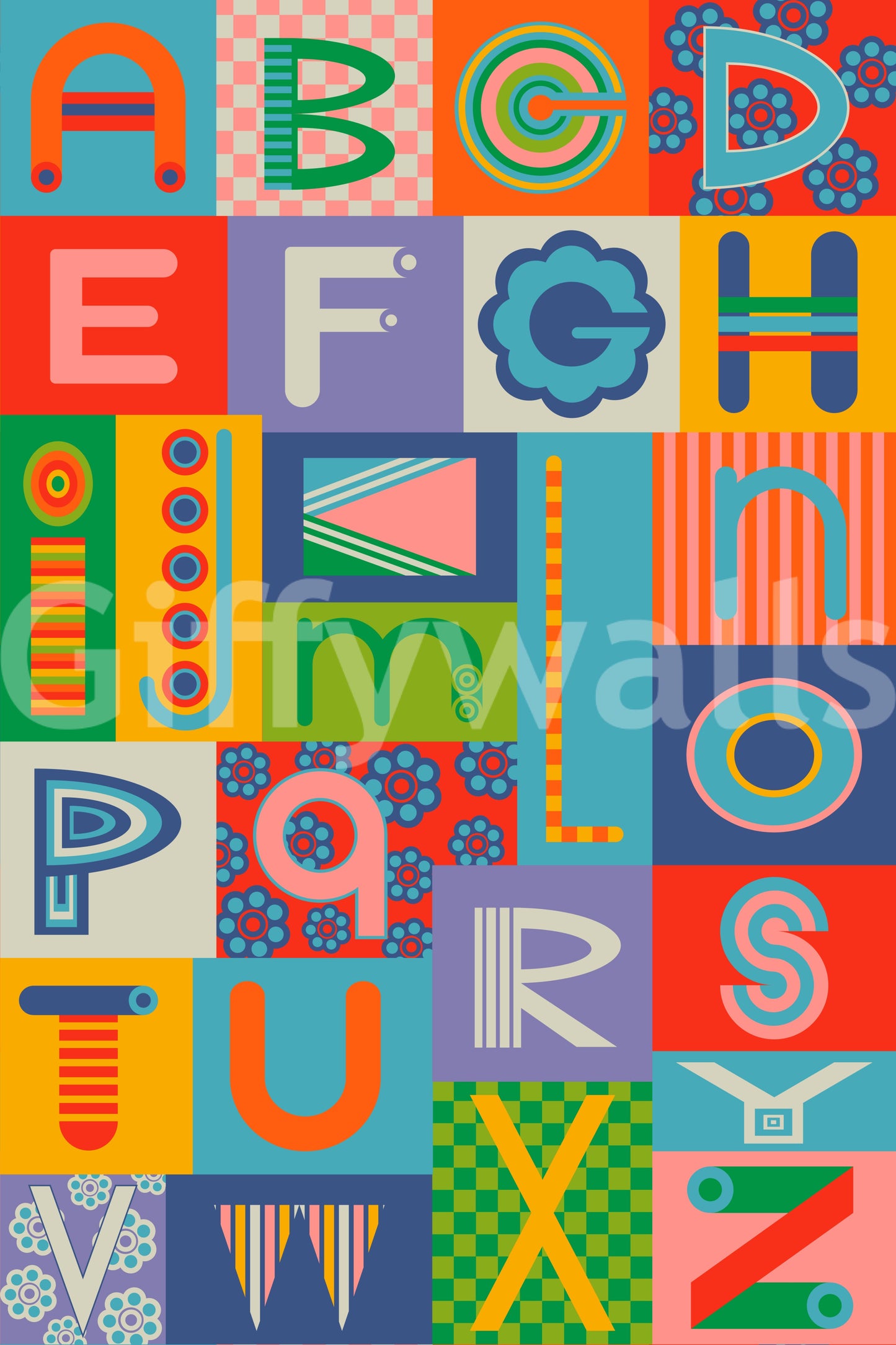 Artistic delicate flowers and lines on Retro Alphabet Rainbow Wallpaper wallpaper.