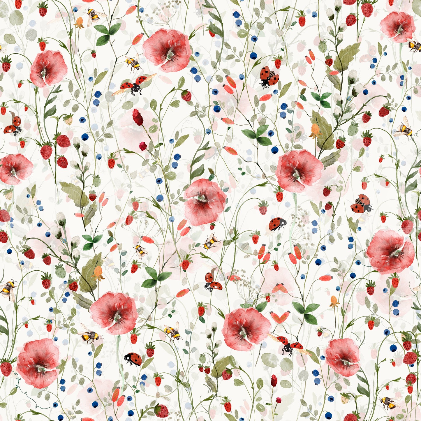 Watercolor Strawberry Flower Meadow Wallpaper