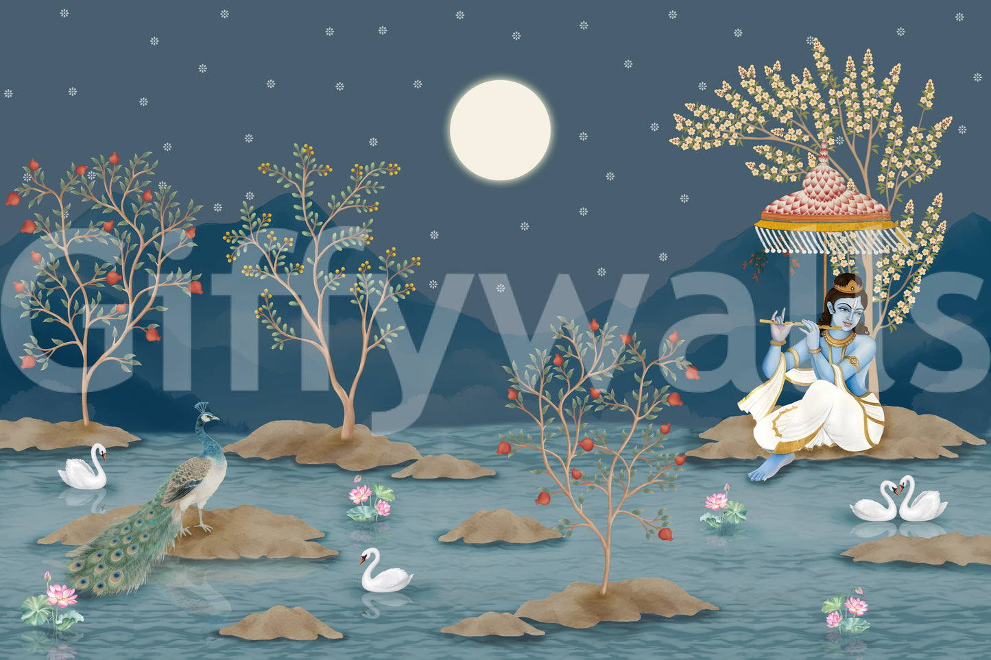 Krishna's Lunar Serenity Wall Mural