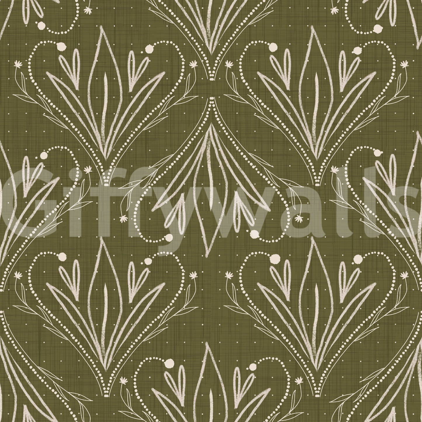 Boho Art Nouveau Folk Floral Olive Green Wallpaper – Hand Drawn Wallpaper