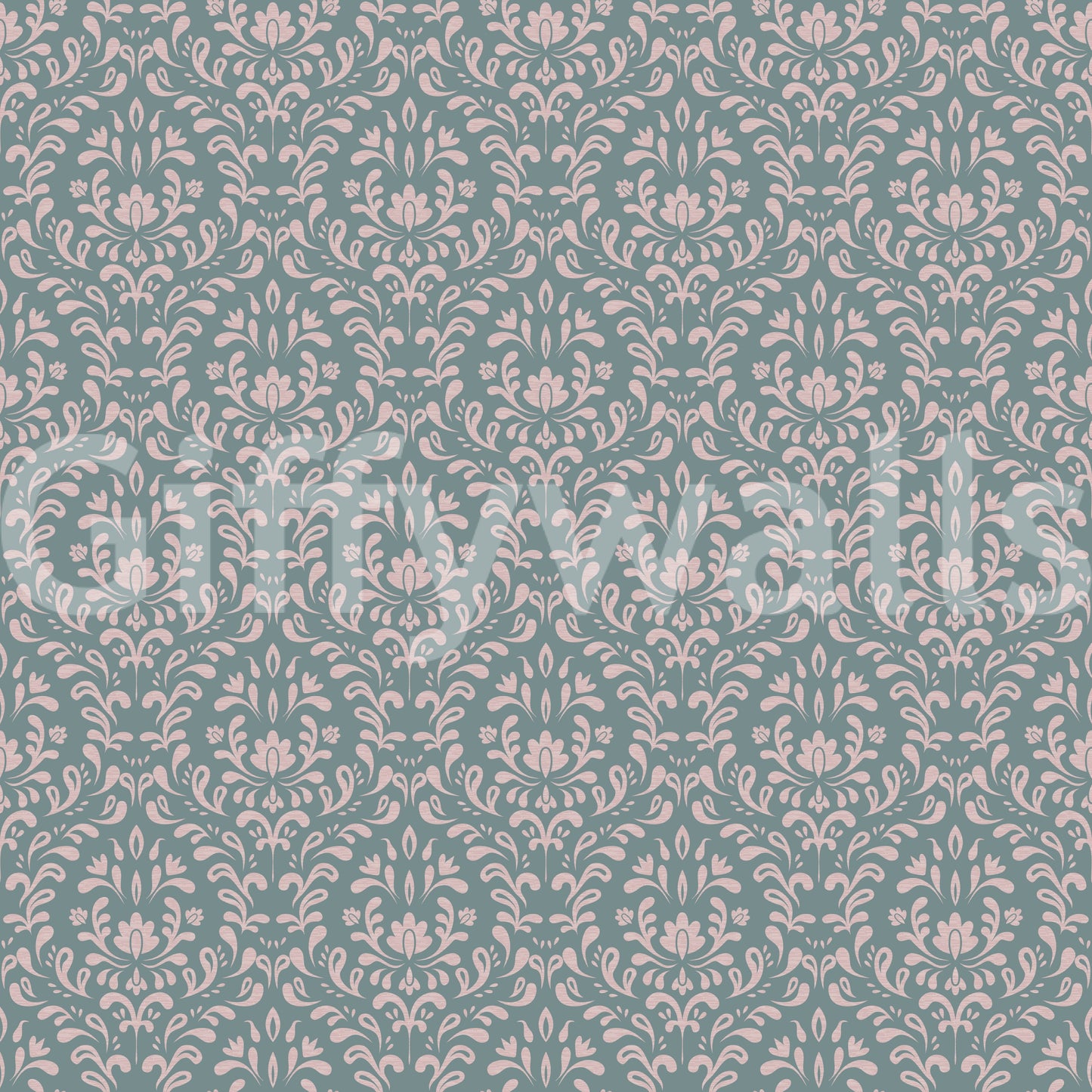Decorative teal wall mural with a symmetrical pink damask motif