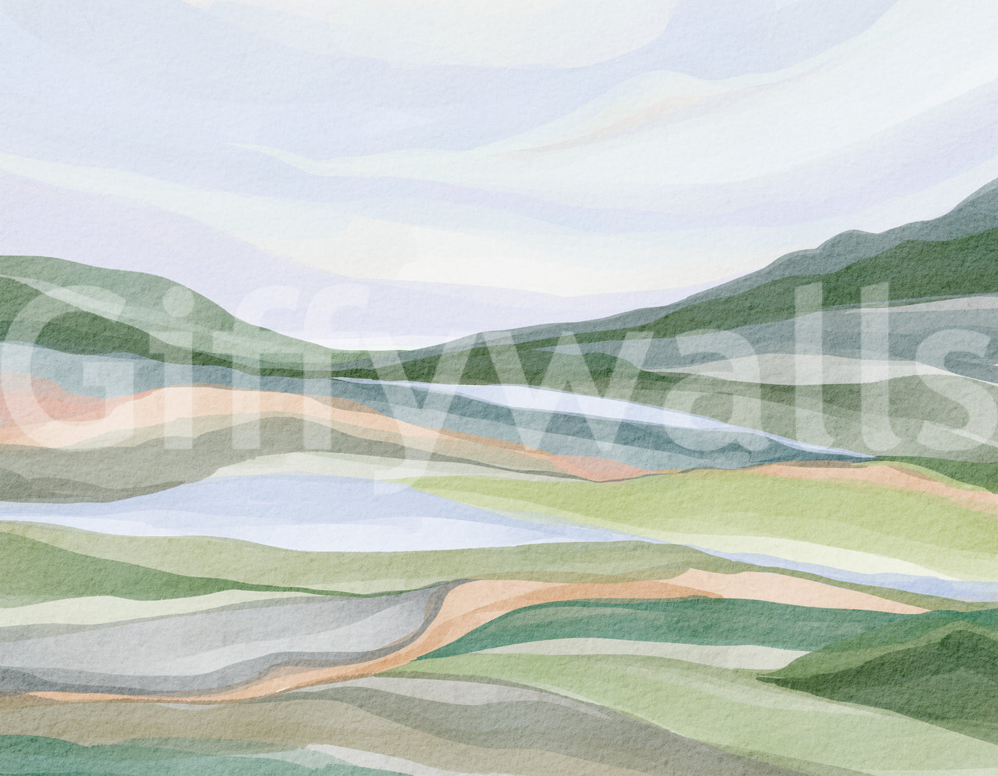 Horizontal watercolor hills for a peaceful room.