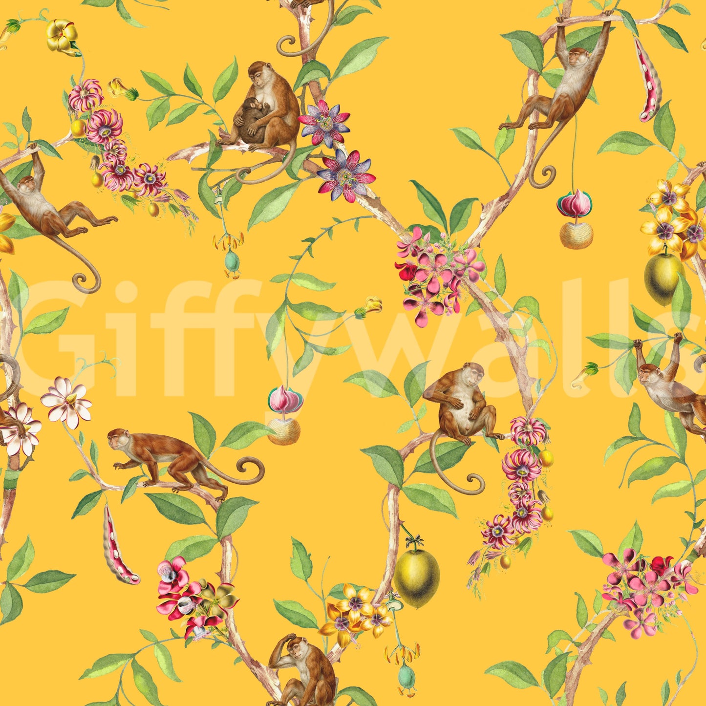 Whimsical Playing Monkeys Family Vintage Exotic Garden yellow Wallpaper