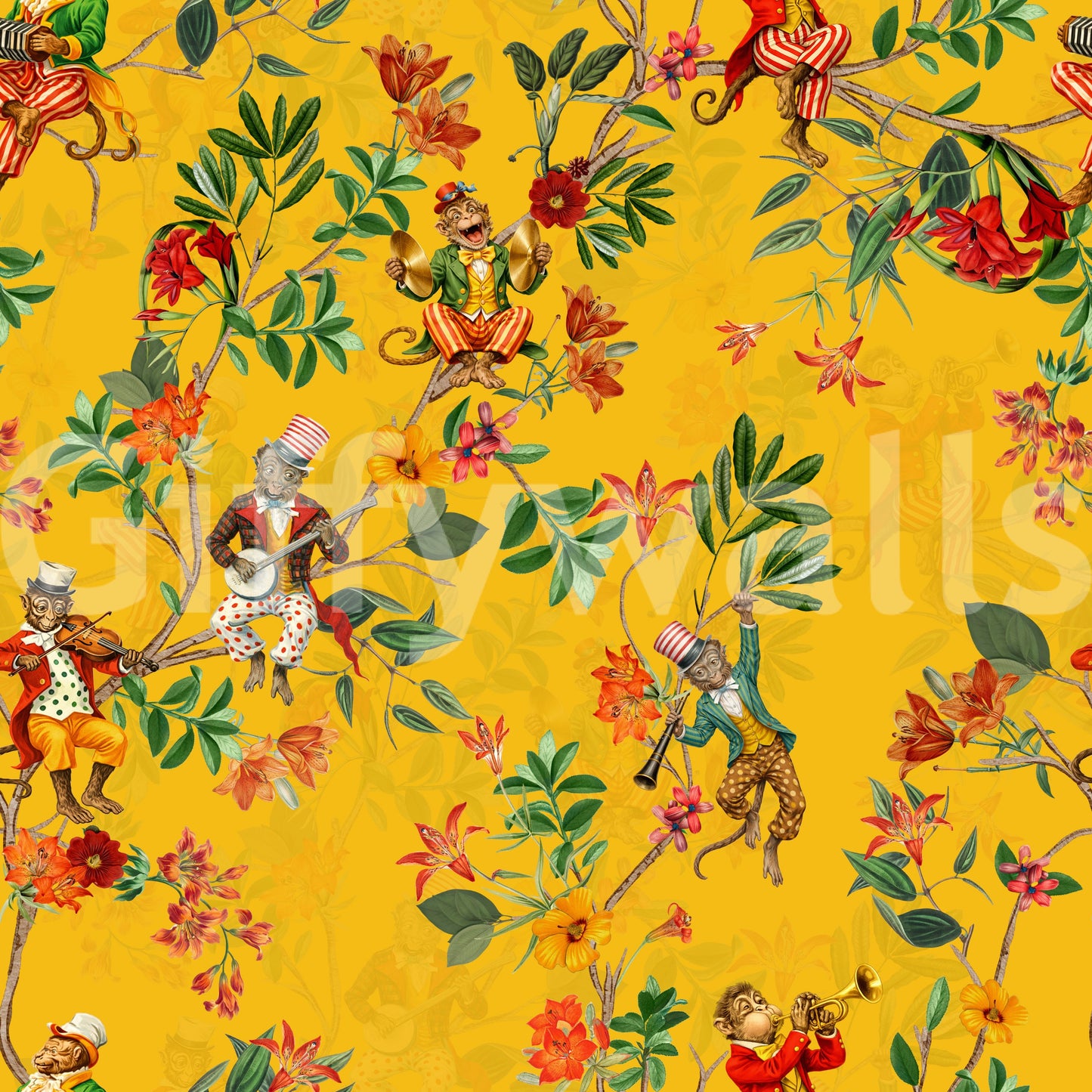 Whimsical Monkeys Playing Music Vintage Exotic Fun Garden yellow Wallpaper