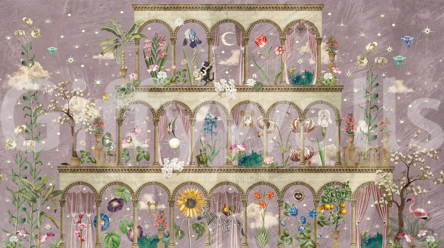 Floral Nightscape Garden on Pink Wall Mural