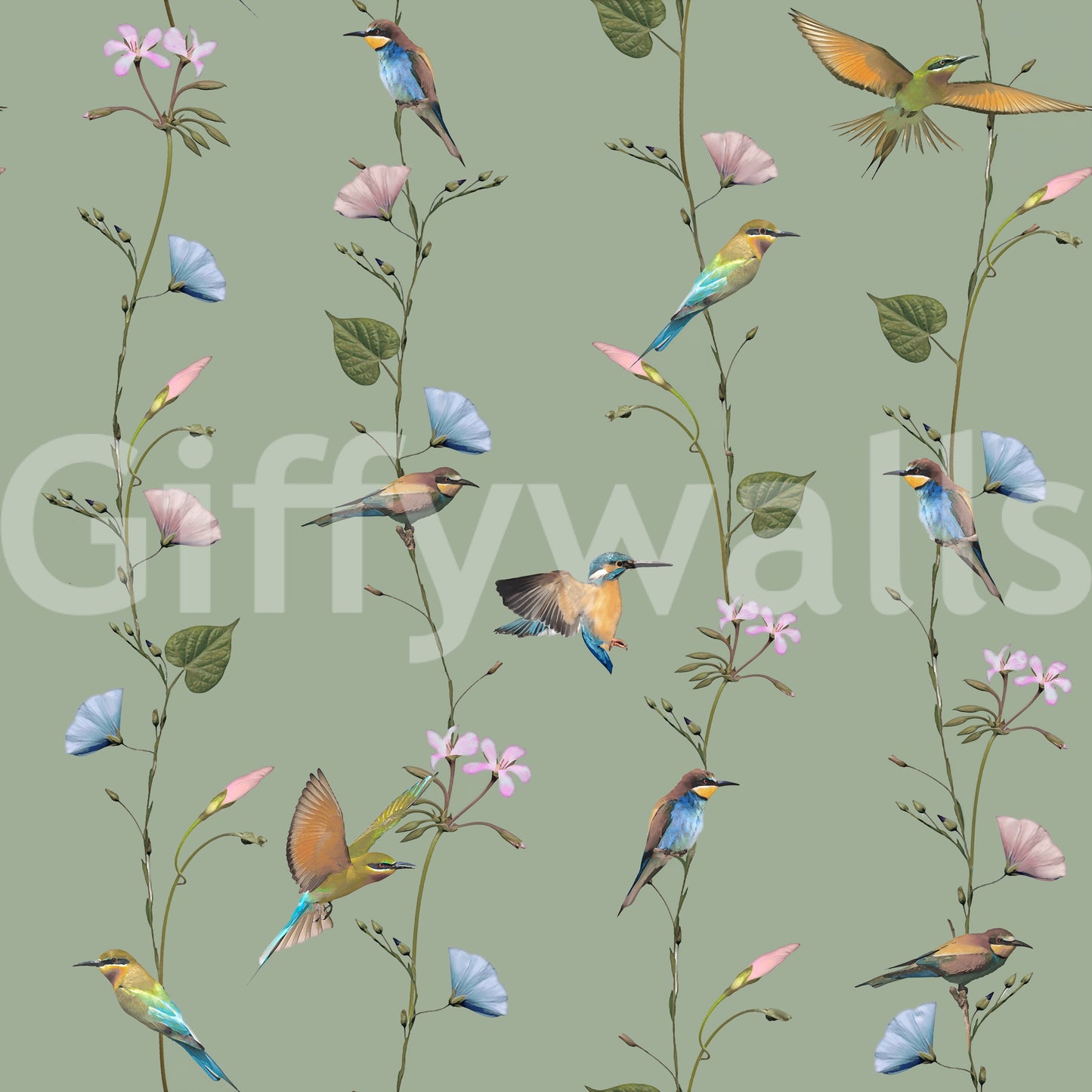 Botanical Birds in Soft Pastels Wallpaper