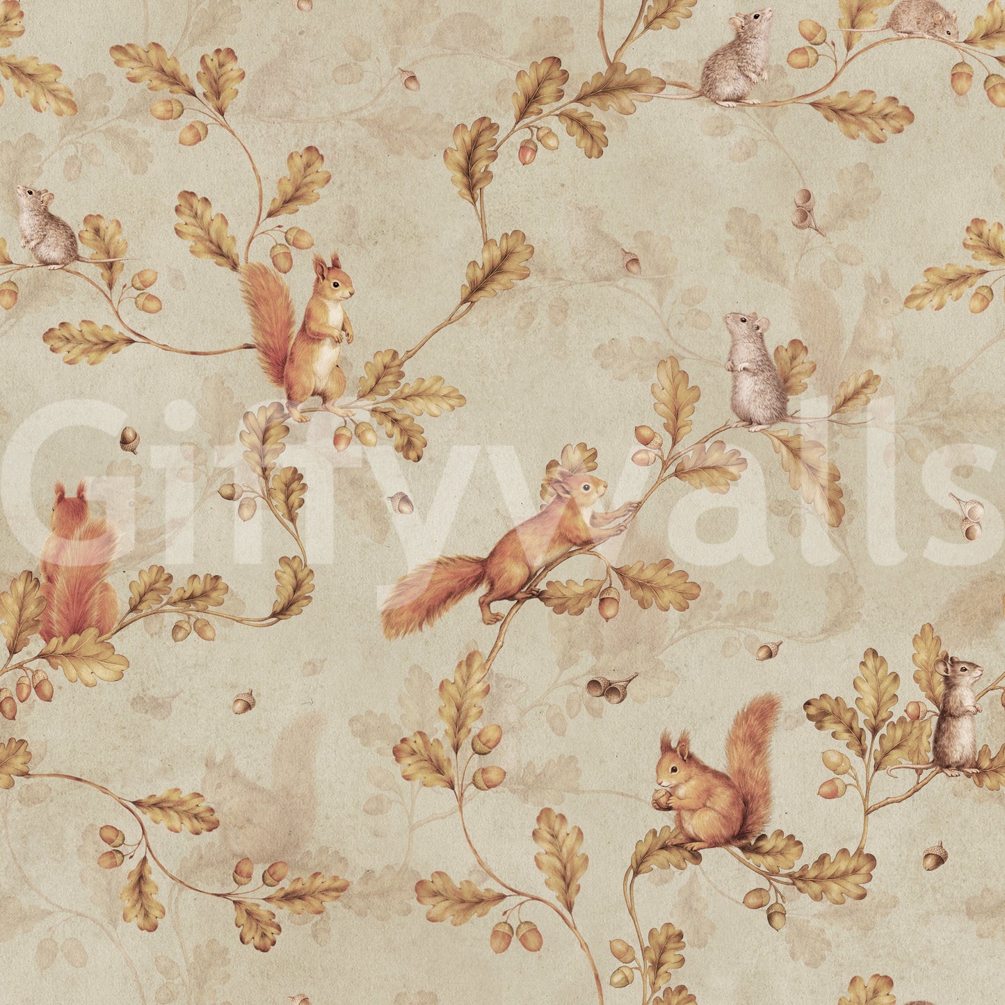 18th Rococo Forest Chinoiserie with Squirrels and Mice on Oak Tree Branches beige Wallpaper
