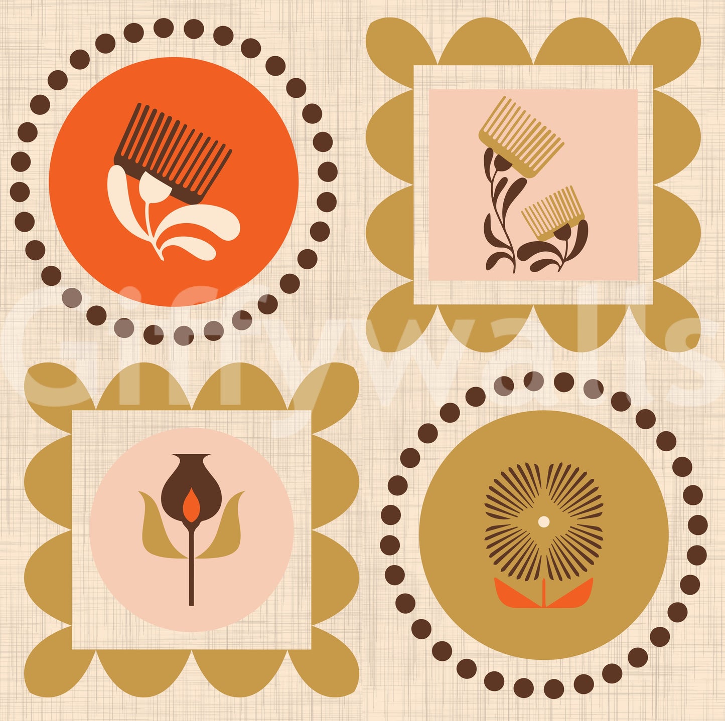 Mid Mod Wildflower Frames - Botanical Collage Terracotta Ocher Wallpaper