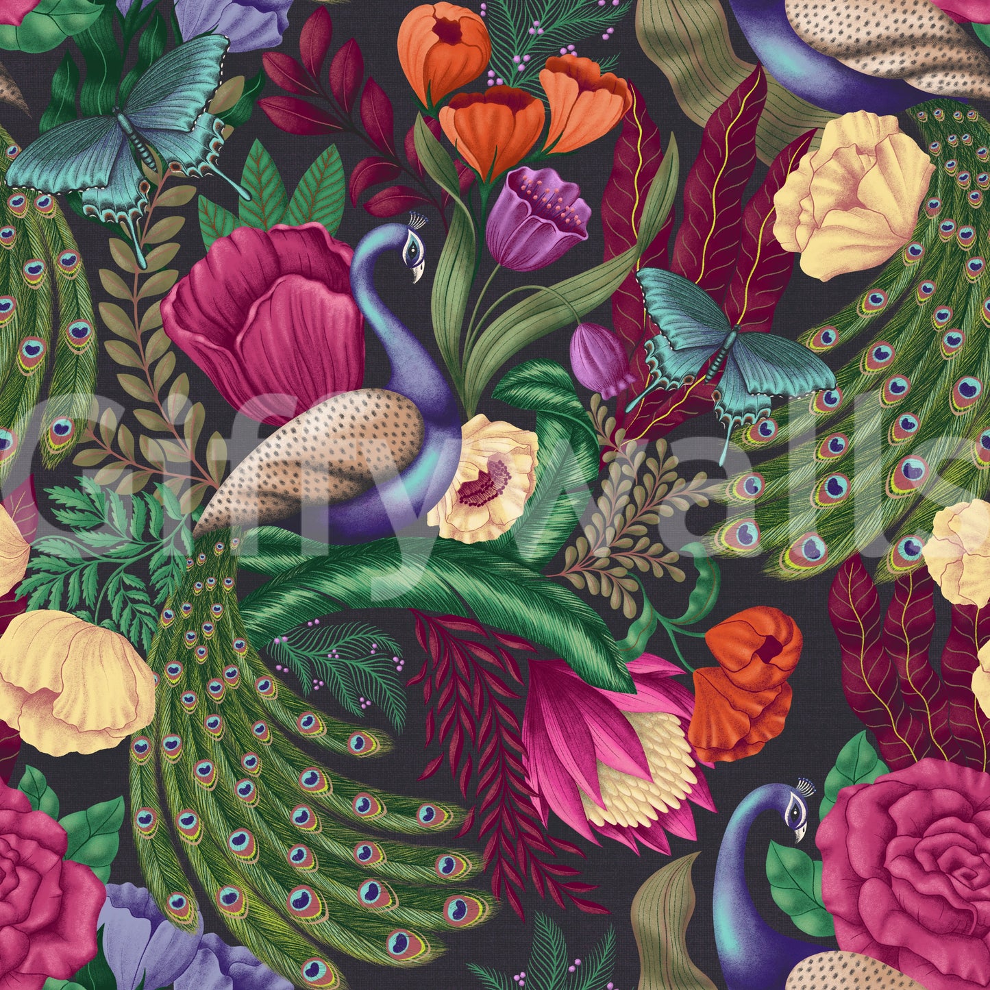 Maximalist Peacock Fantasy Garden - Charcoal Black Wallpaper